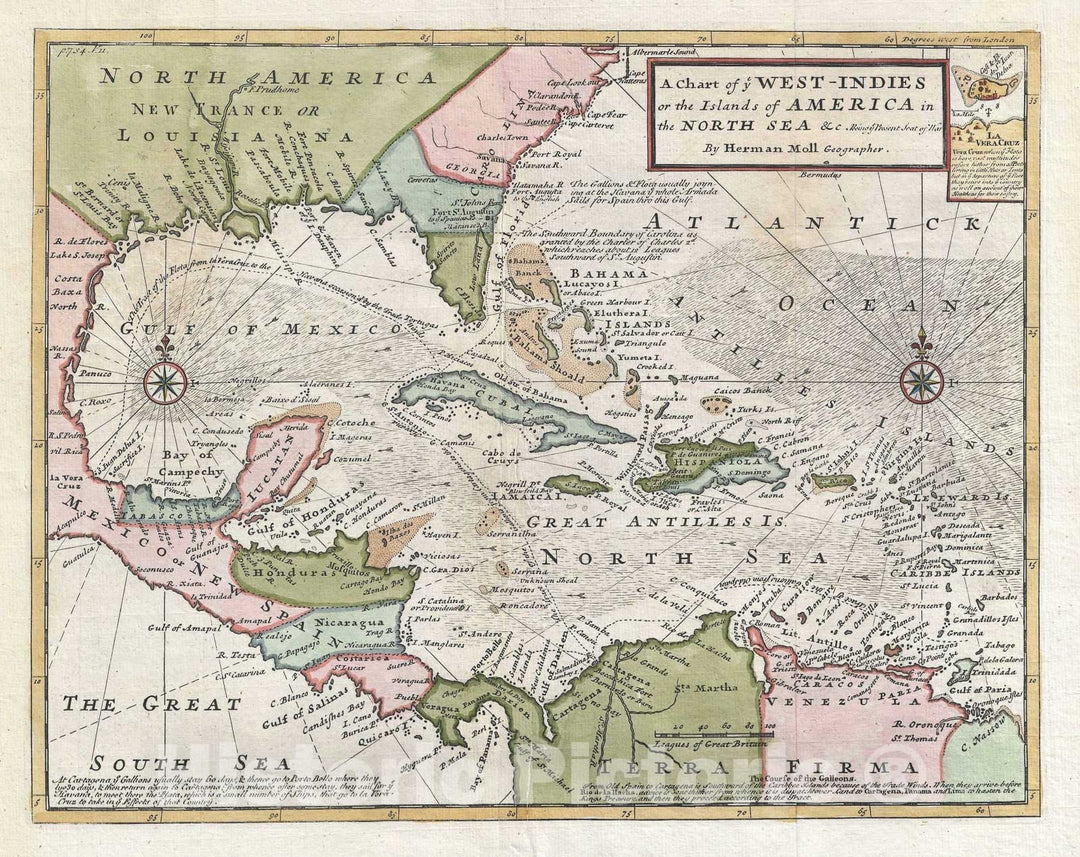 Historic Map : The West Indies w/Galleon Routes, Hermann Moll, 1745, Vintage Wall Art