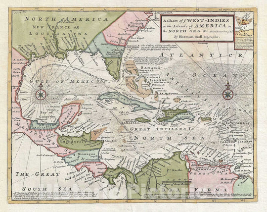 Historic Map : The West Indies w/Galleon Routes, Hermann Moll, 1745, Vintage Wall Art