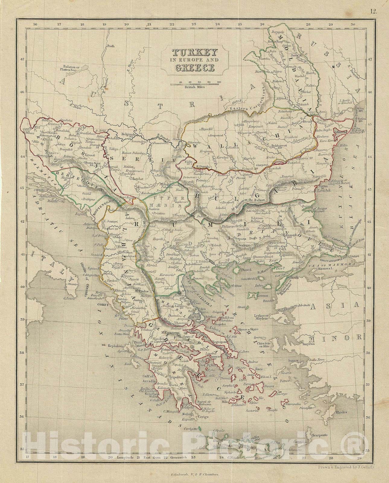 Historic Map : Turkey in Europe and Greece, Chambers, 1845, Vintage Wall Art