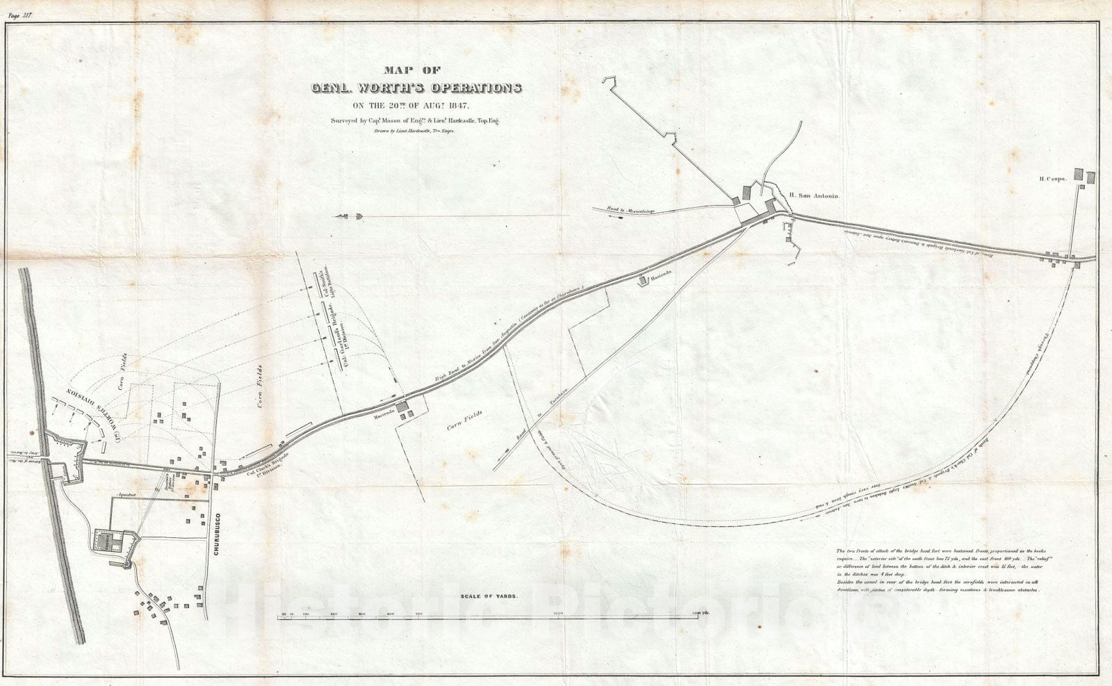 Historic Map : General Worth's Division at The Battle of Churubusco, Hardcastle, 1847, Vintage Wall Art