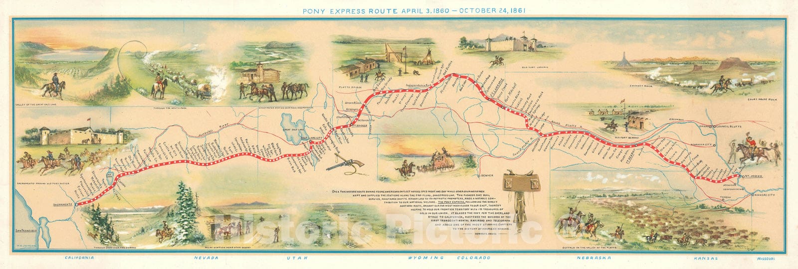 Historic Map : Jackson Pictorial Map of The Pony Express Route, 1951, Vintage Wall Art