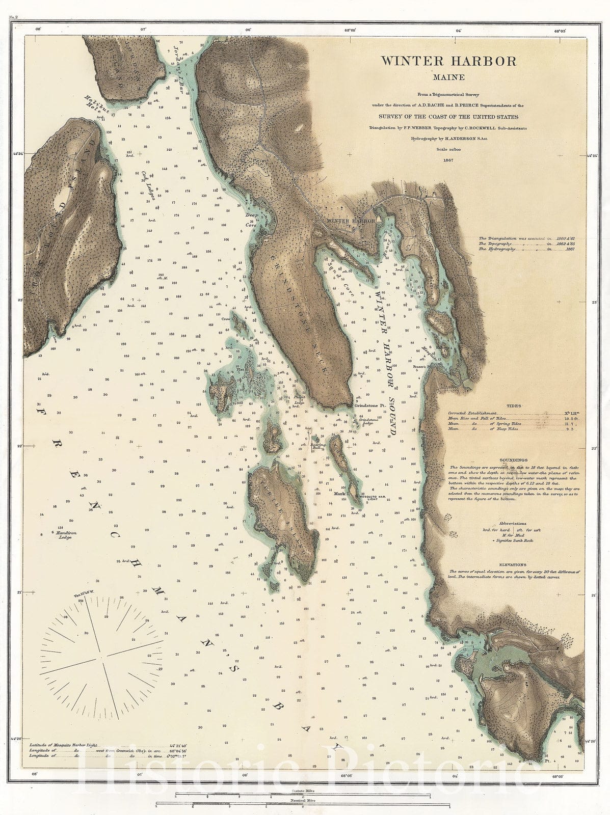Historic Map : Nautical Chart Winter Harbor, Maine, U.S. Coast Survey, 1867, Vintage Wall Art