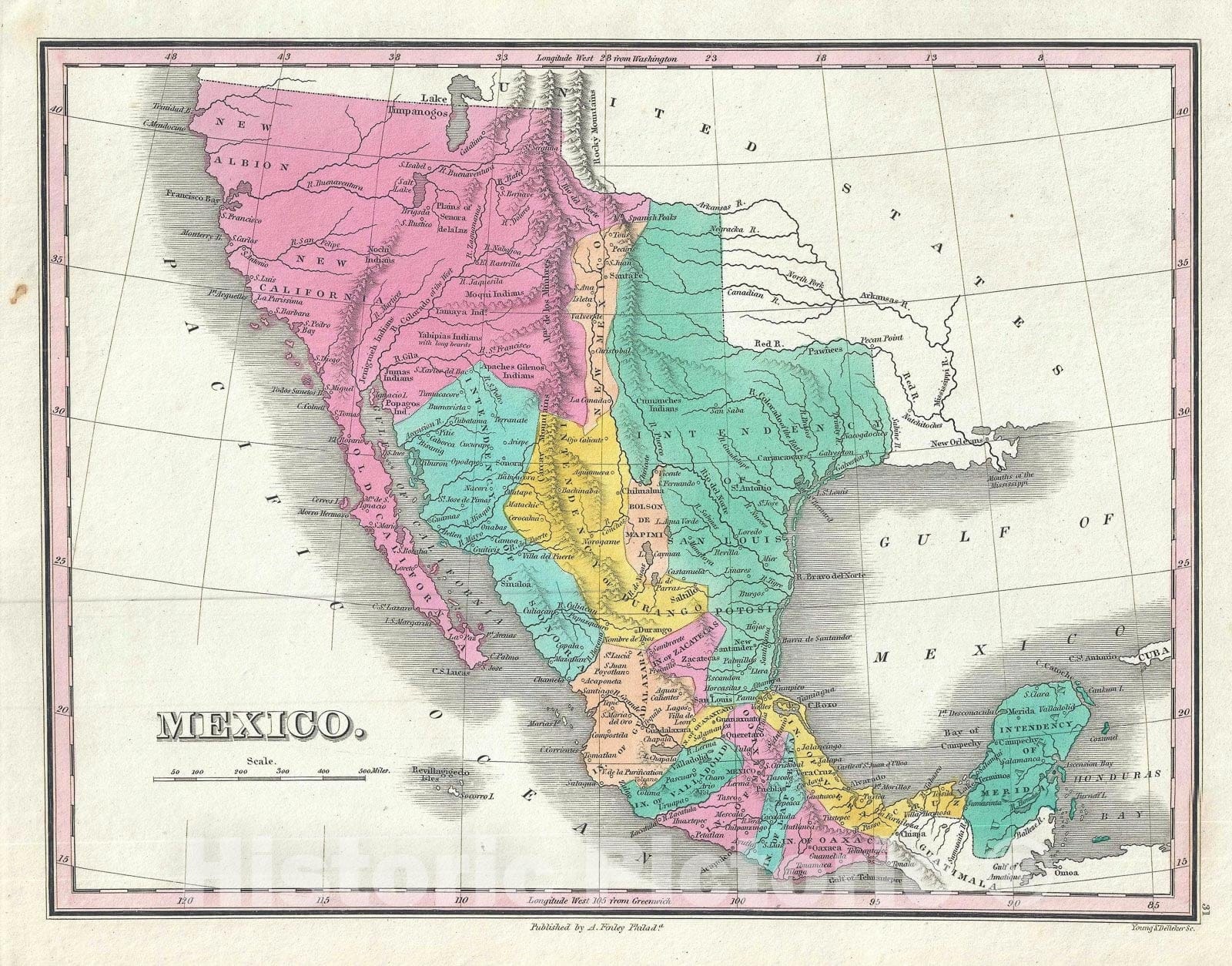 Historic Map : Mexico, Upper California and Texas, Finley, 1828, Vintage Wall Art