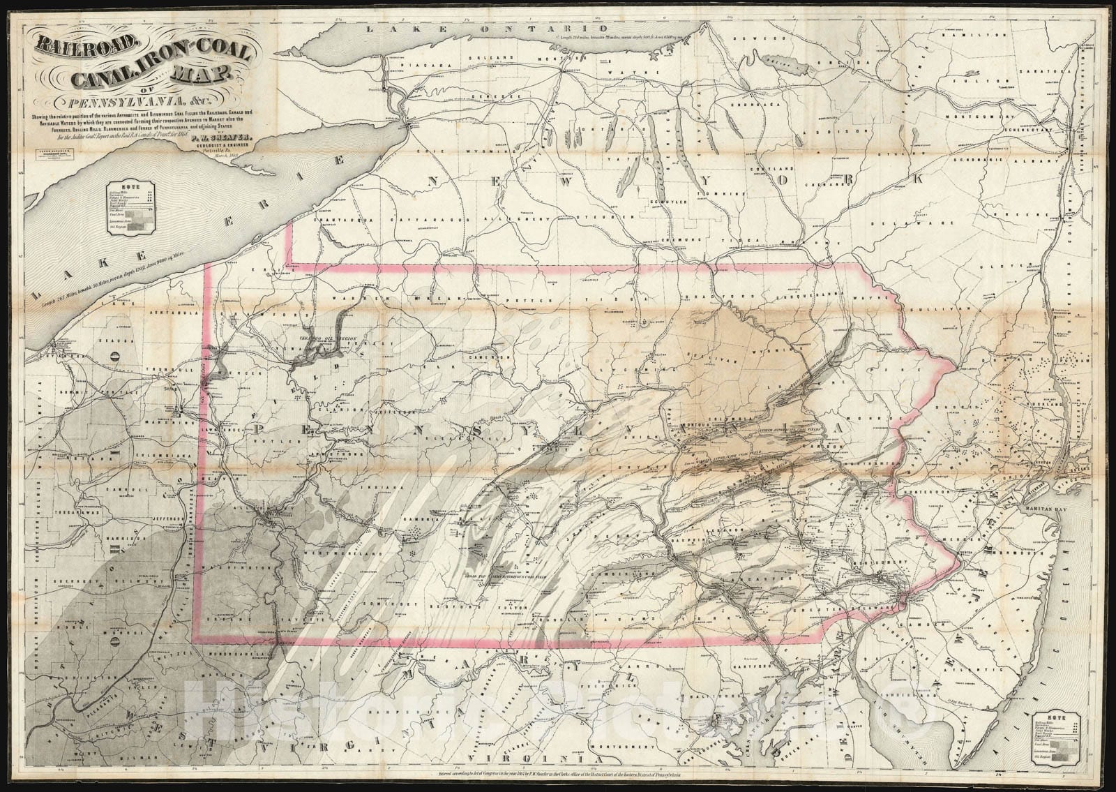 Historic Map : Pennsylvania showing Railroads, Canals, Coal and Oil Fields, Sheafer, 1869, Vintage Wall Art