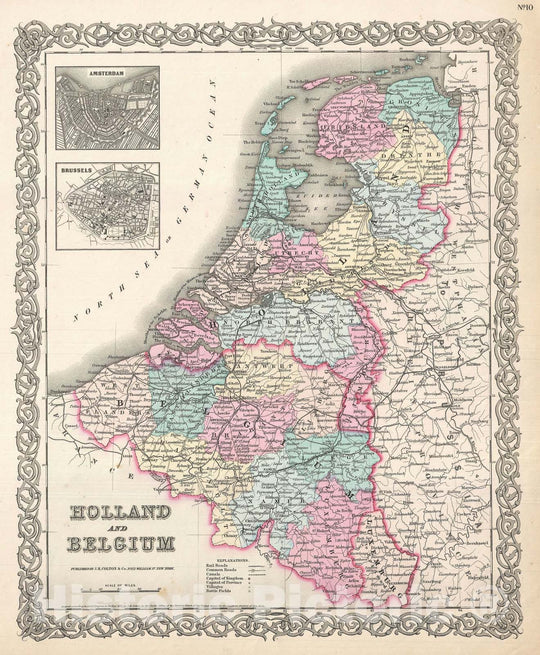 Historic Map : Holland and Belgium, Colton, 1855, Vintage Wall Art
