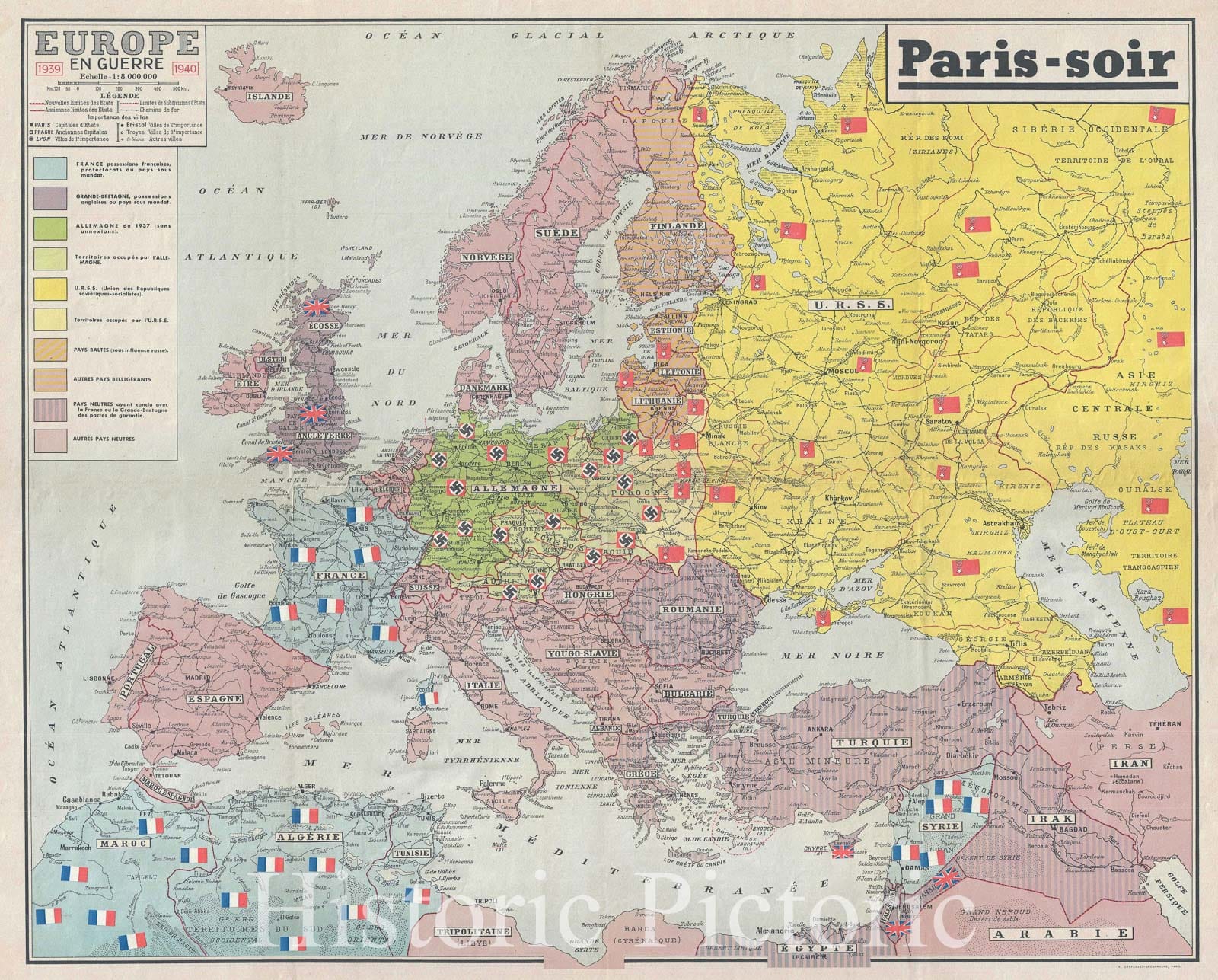 Historic Map : World War II in Europe, Paris Soir, 1940, Vintage Wall Art