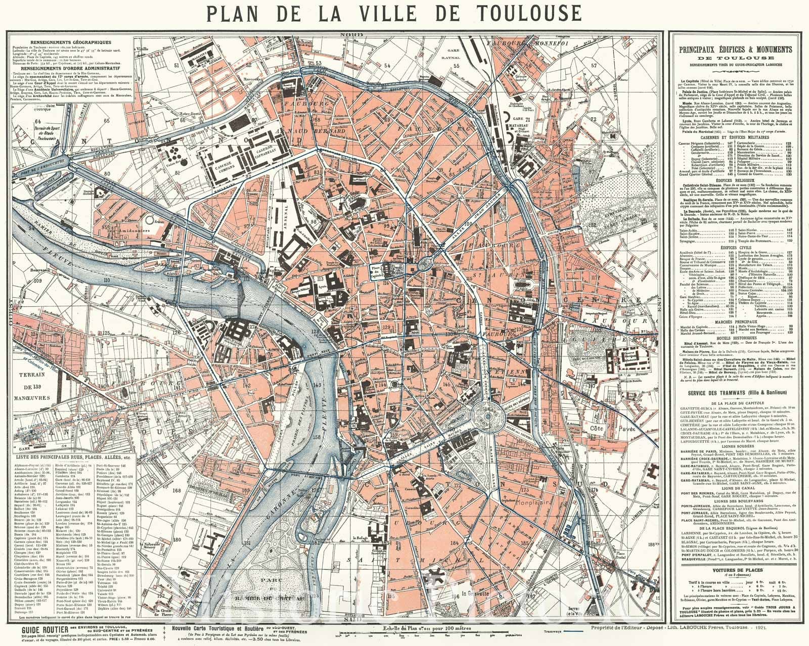 Historic Map : Plan of Toulouse, France, Labouche Freres, 1921, Vintage Wall Art