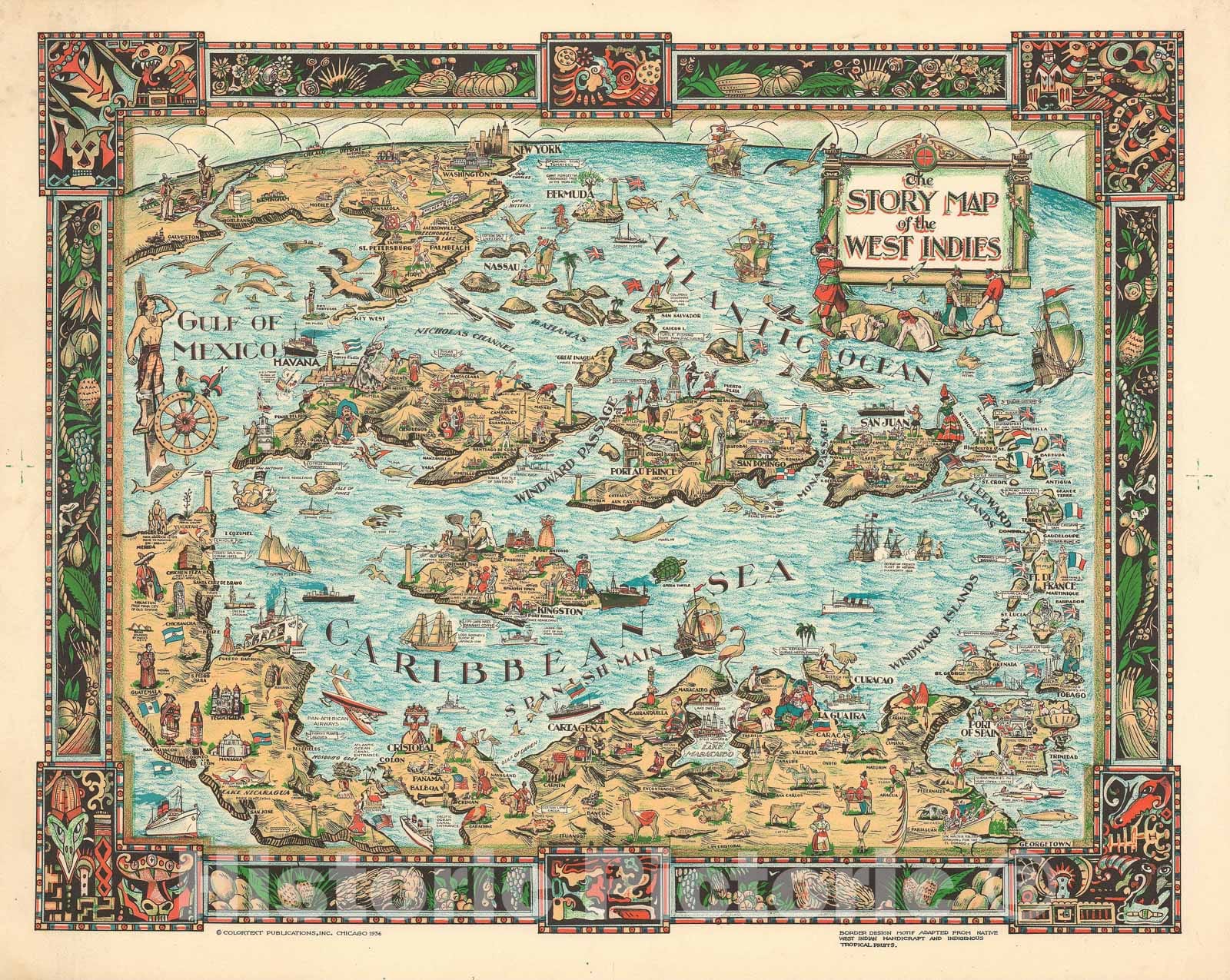 Historic Map : The West Indies, Colotext, 1936, Vintage Wall Art