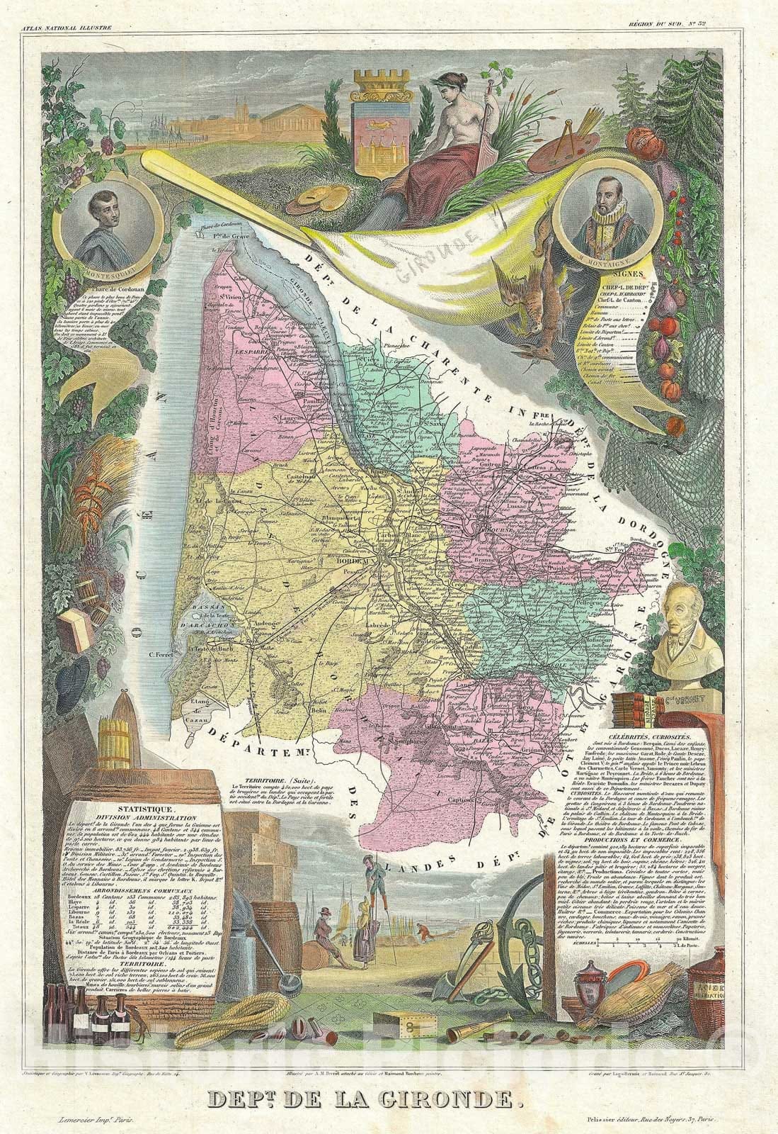 Historic Map : Gironde "Bordeaux Wine Region", Levasseur, 1861, Vintage Wall Art