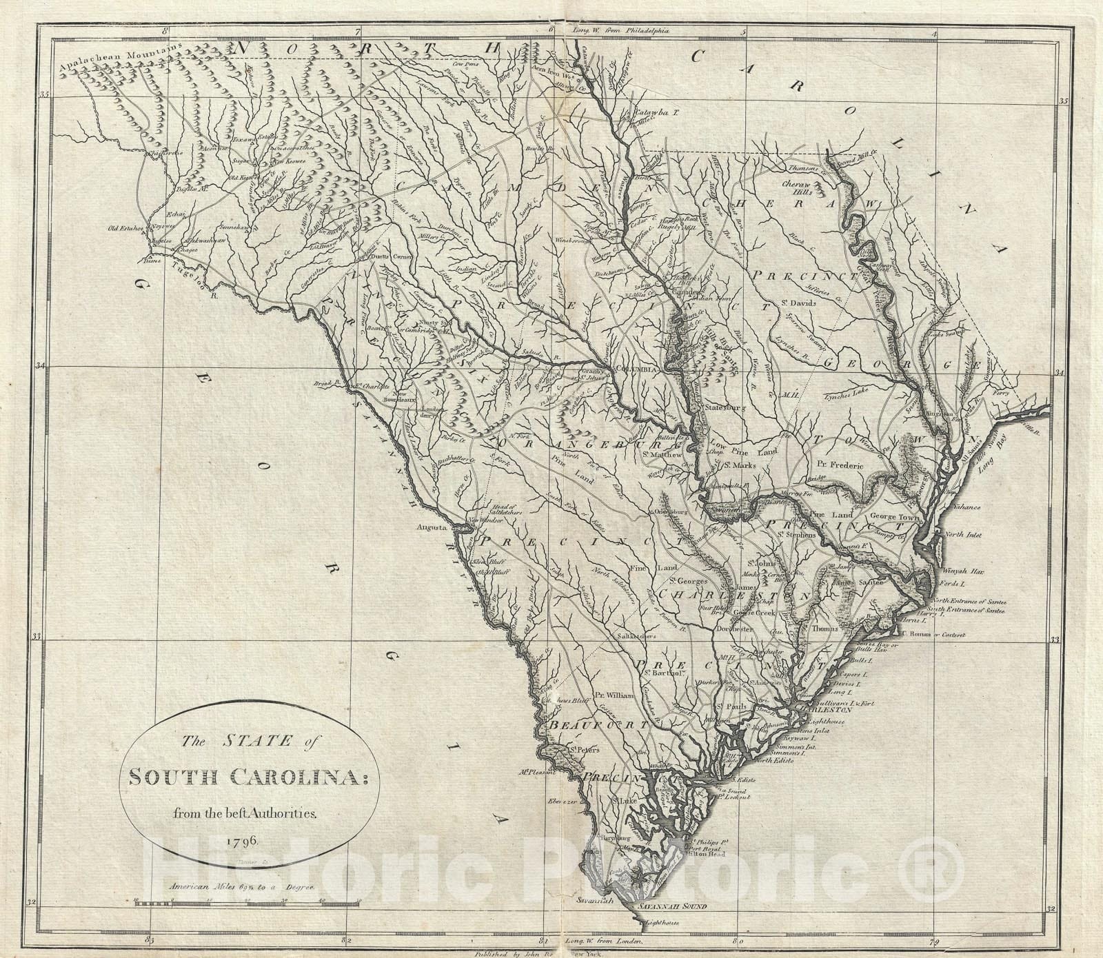 Historic Map : South Carolina, John Reid, 1796, Vintage Wall Art