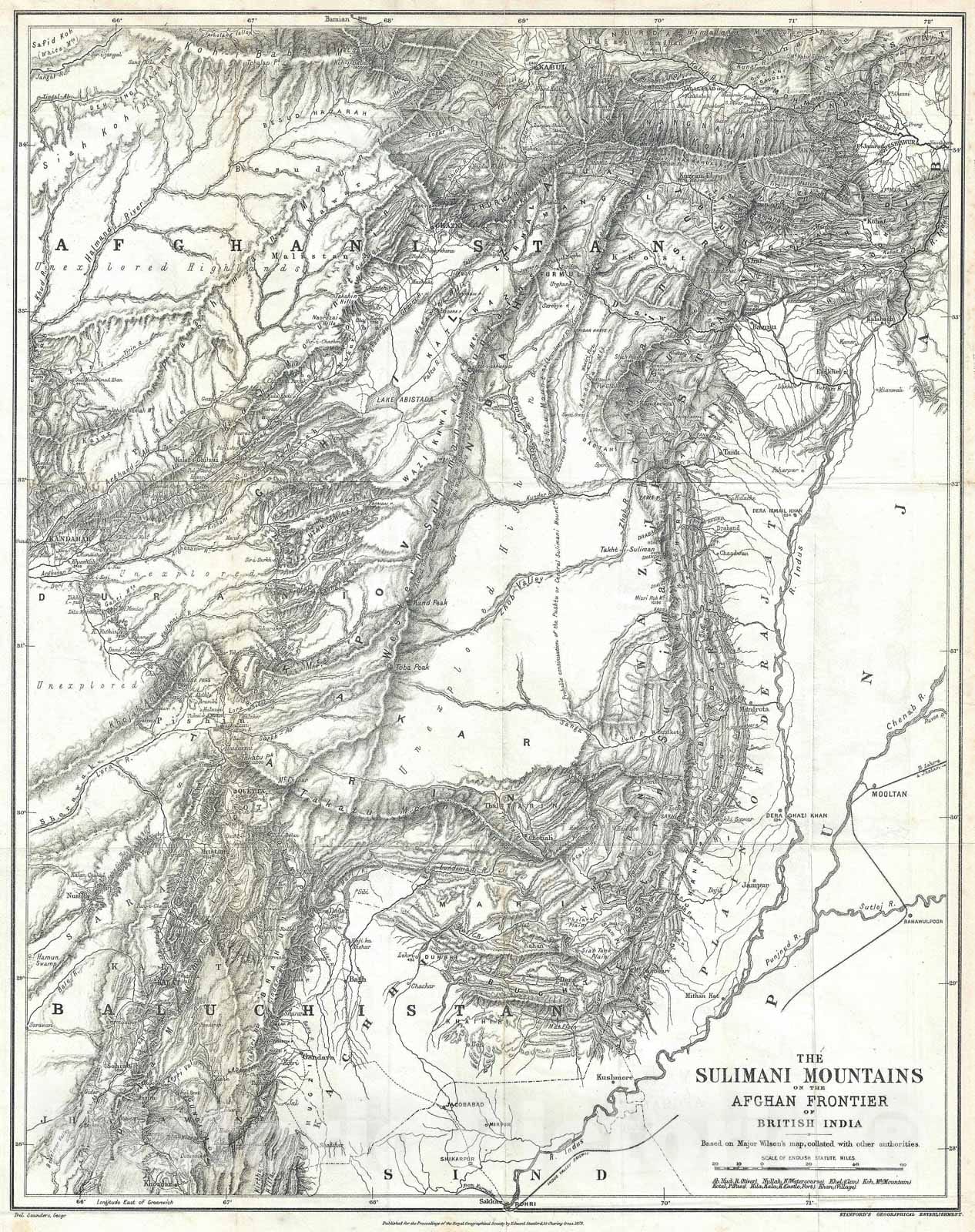 Historic Map : The Sulimani Mountains "Pakistan, Afghanistan", Stanford, 1879, Vintage Wall Art