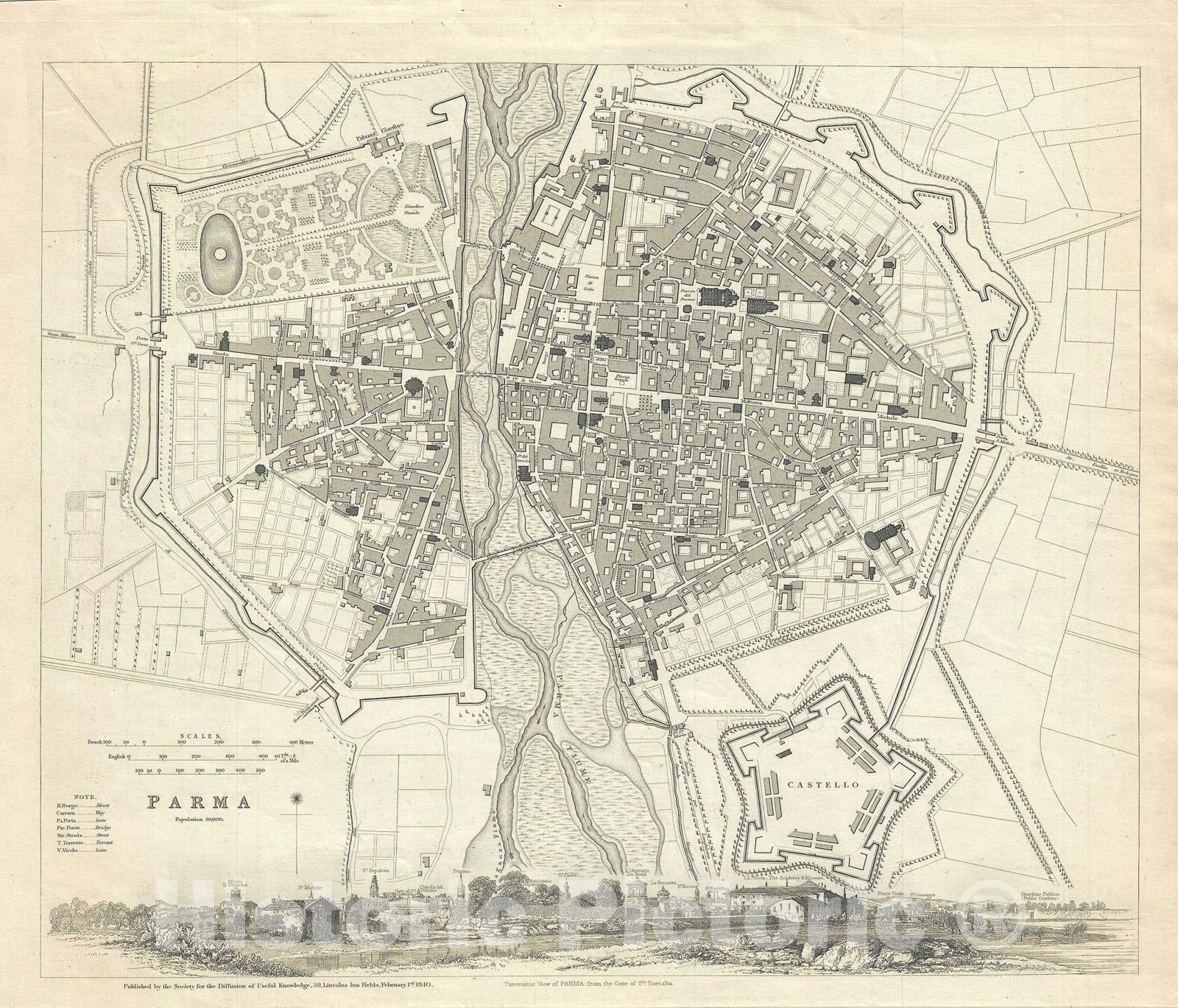 Historic Map : Plan of Parma, Italy, S.D.U.K., 1840, Vintage Wall Art