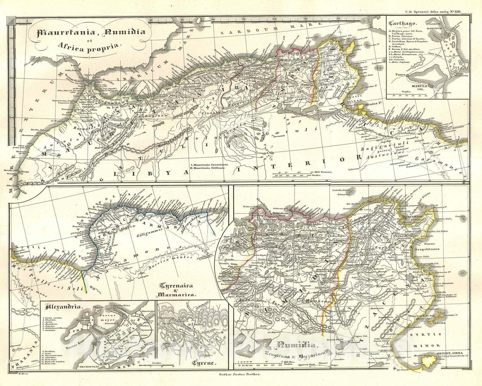 Historic Map : North Africa in Ancient Times "Carthage, Alexandria", Spruneri, 1855, Vintage Wall Art
