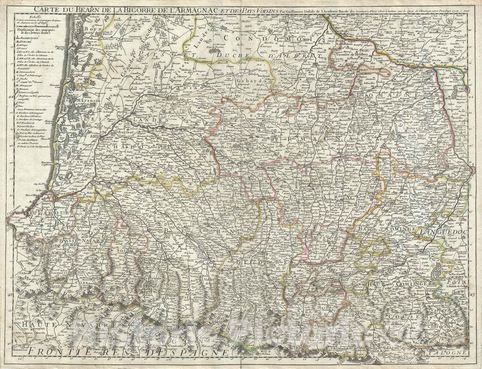 Historic Map : The Armagnac, Bearn and Bigorre Regions of France "Armagnac Brandy Region", Delisle, 1712, Vintage Wall Art