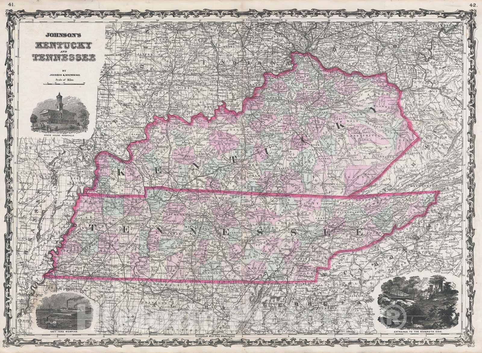 Historic Map : Kentucky and Tennessee, Johnson, 1861, Vintage Wall Art