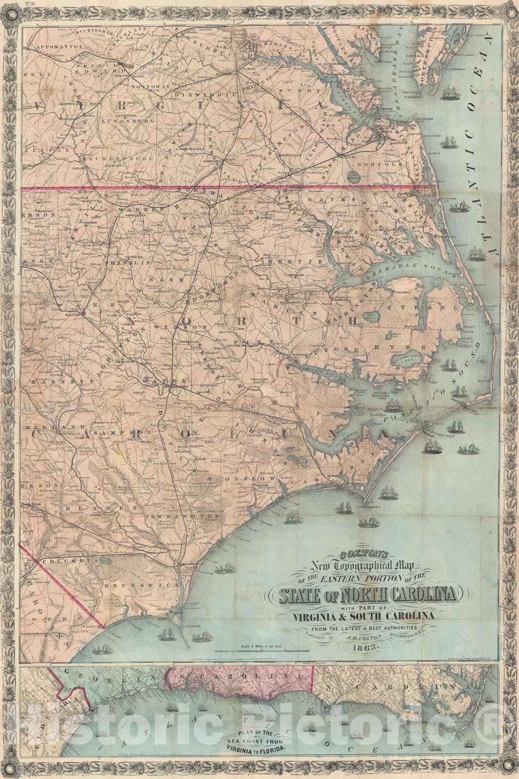 Historic Map : Eastern North Carolina w/interesting provenance, Colton, 1863, Vintage Wall Art