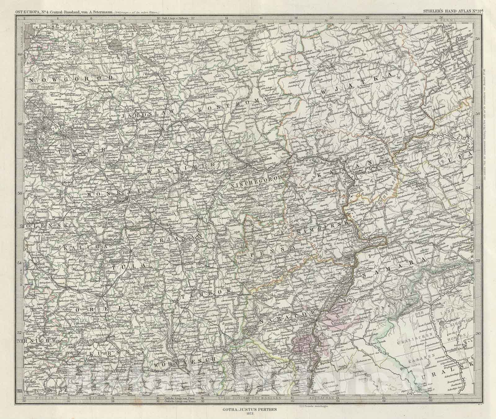 Historic Map : Central Russia, Stieler, 1873, Vintage Wall Art
