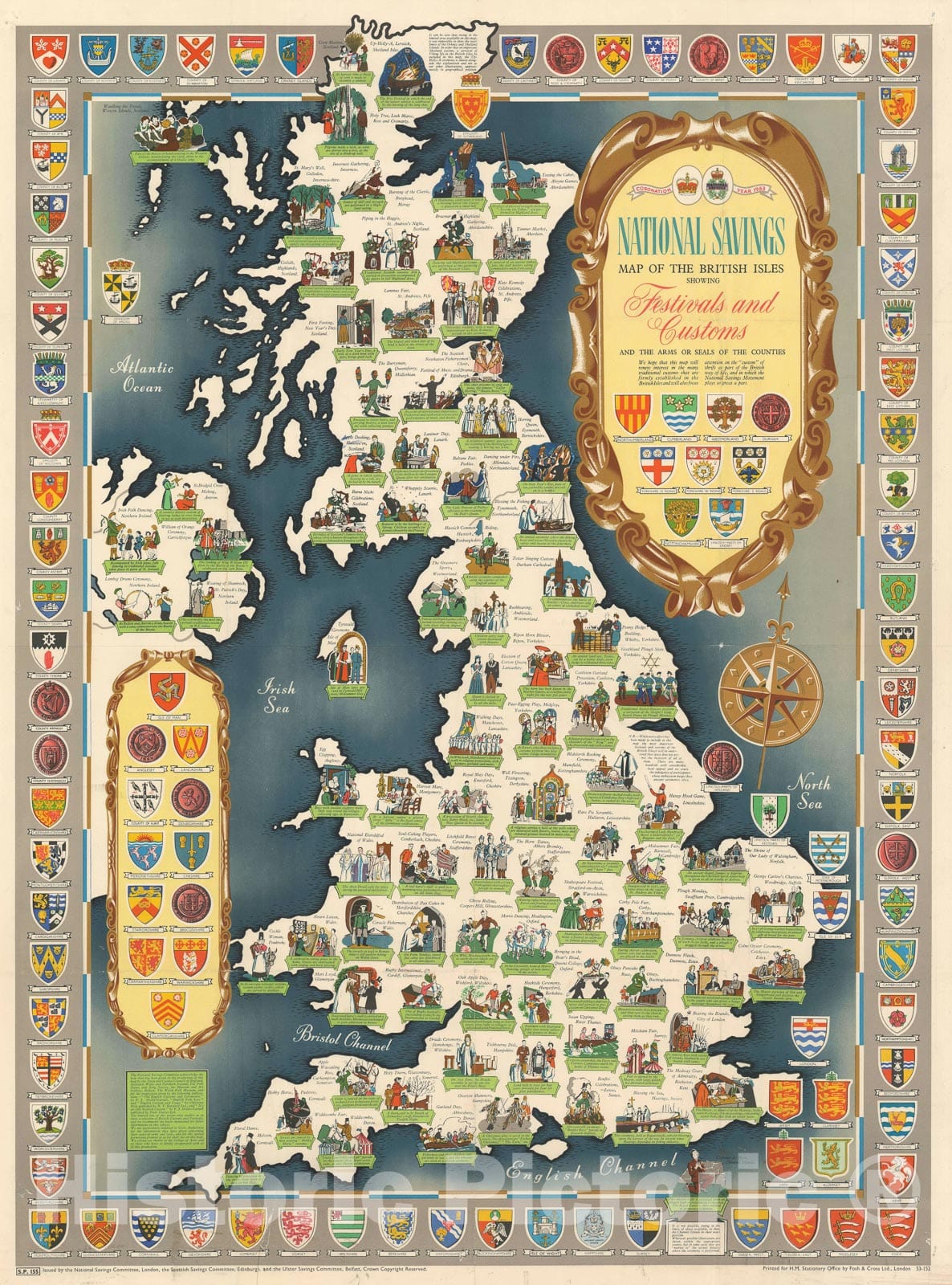 Historic Map : Pictorial Map of The British Isles Festivals and Customs, National Savings, 1953, Vintage Wall Art