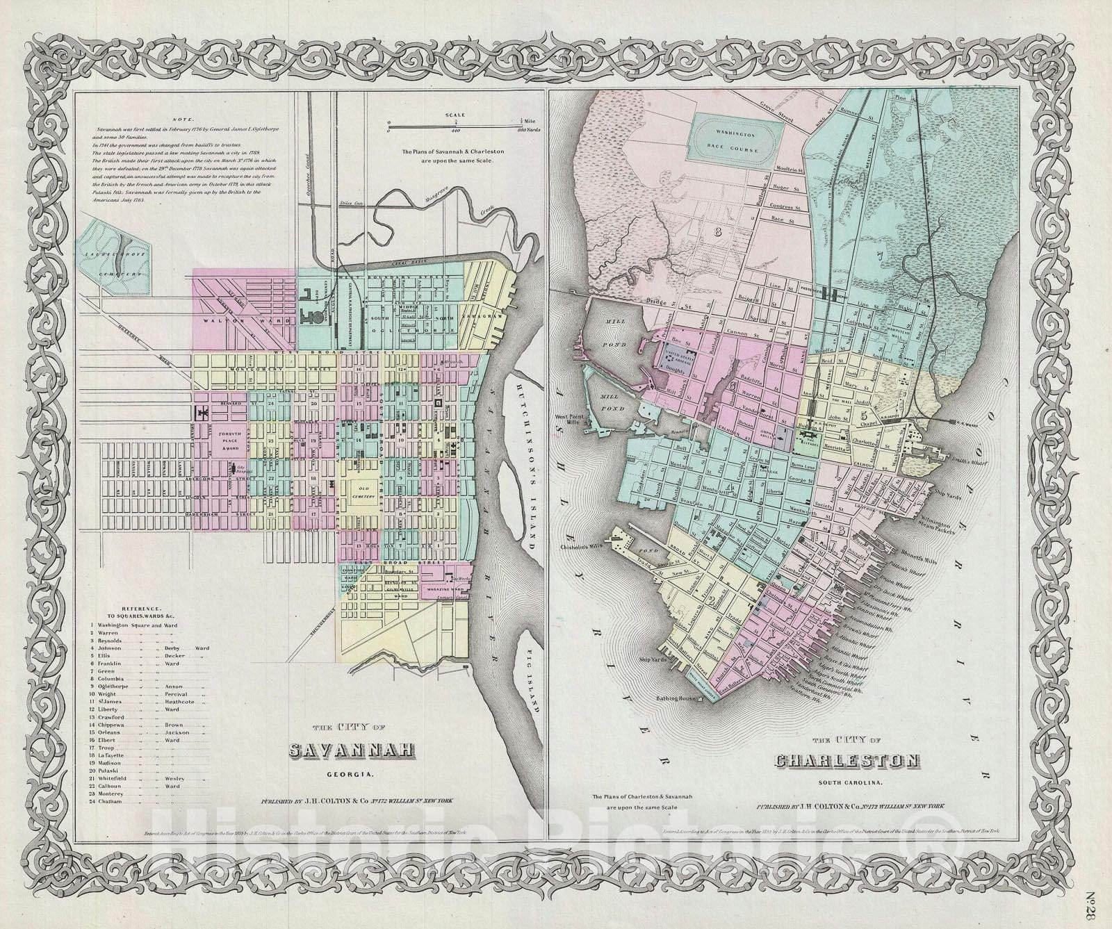 Historic Map : Plan of Savannah, Georgia and Charleston, South Carolina, Colton, 1856, Vintage Wall Art