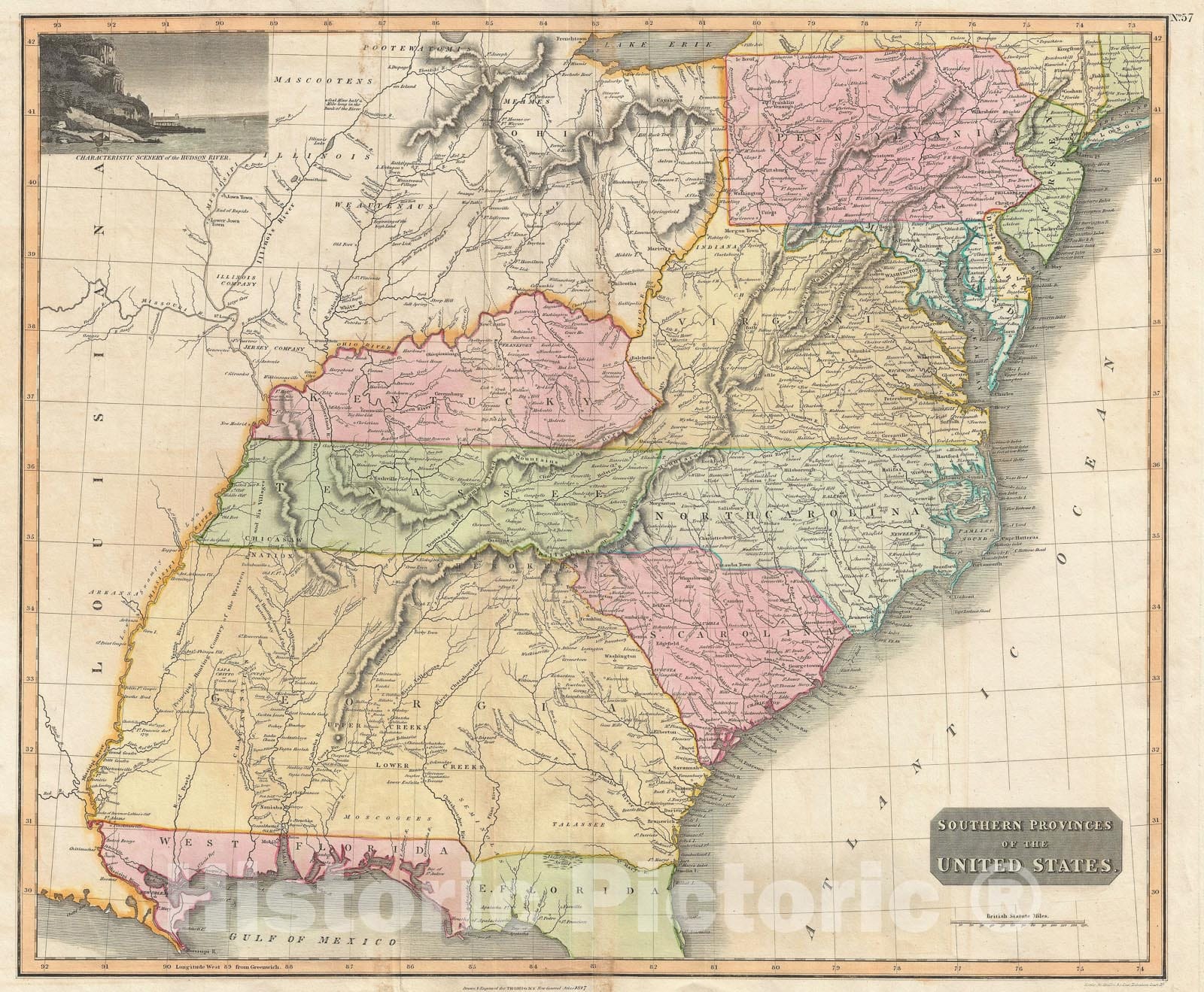 Historic Map : The Southeastern United States: Georgia, Carolina, Virginia, Tennessee, Kentucky, Thomson, 1817, Vintage Wall Art