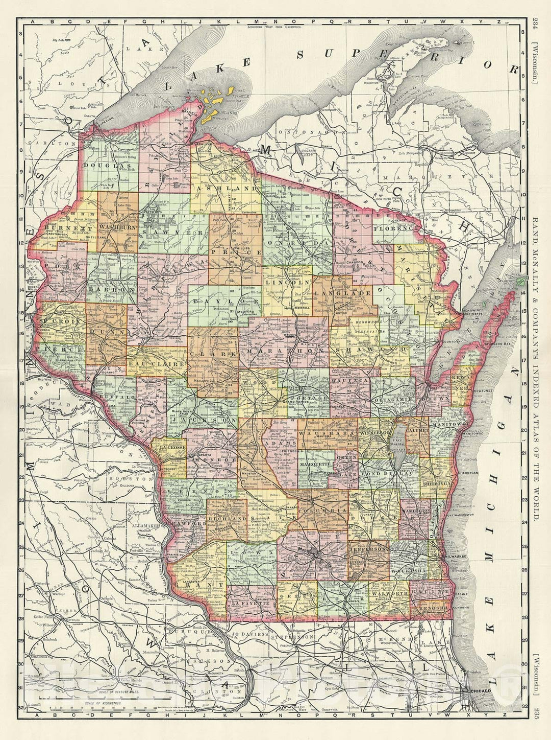 Historic Map : Wisconsin, Rand McNally, 1889, Vintage Wall Art