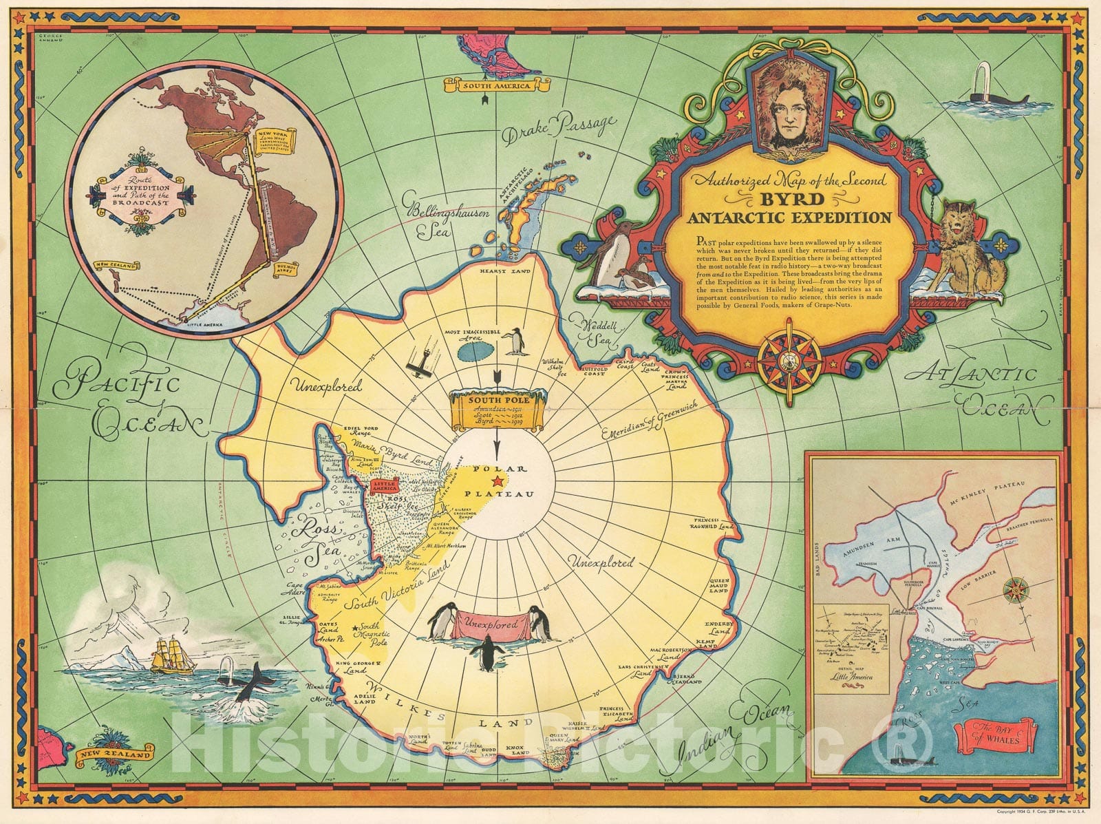 Historic Map : Pictorial Map of The Byrd Antarctic Expedition, Annand, 1934, Vintage Wall Art