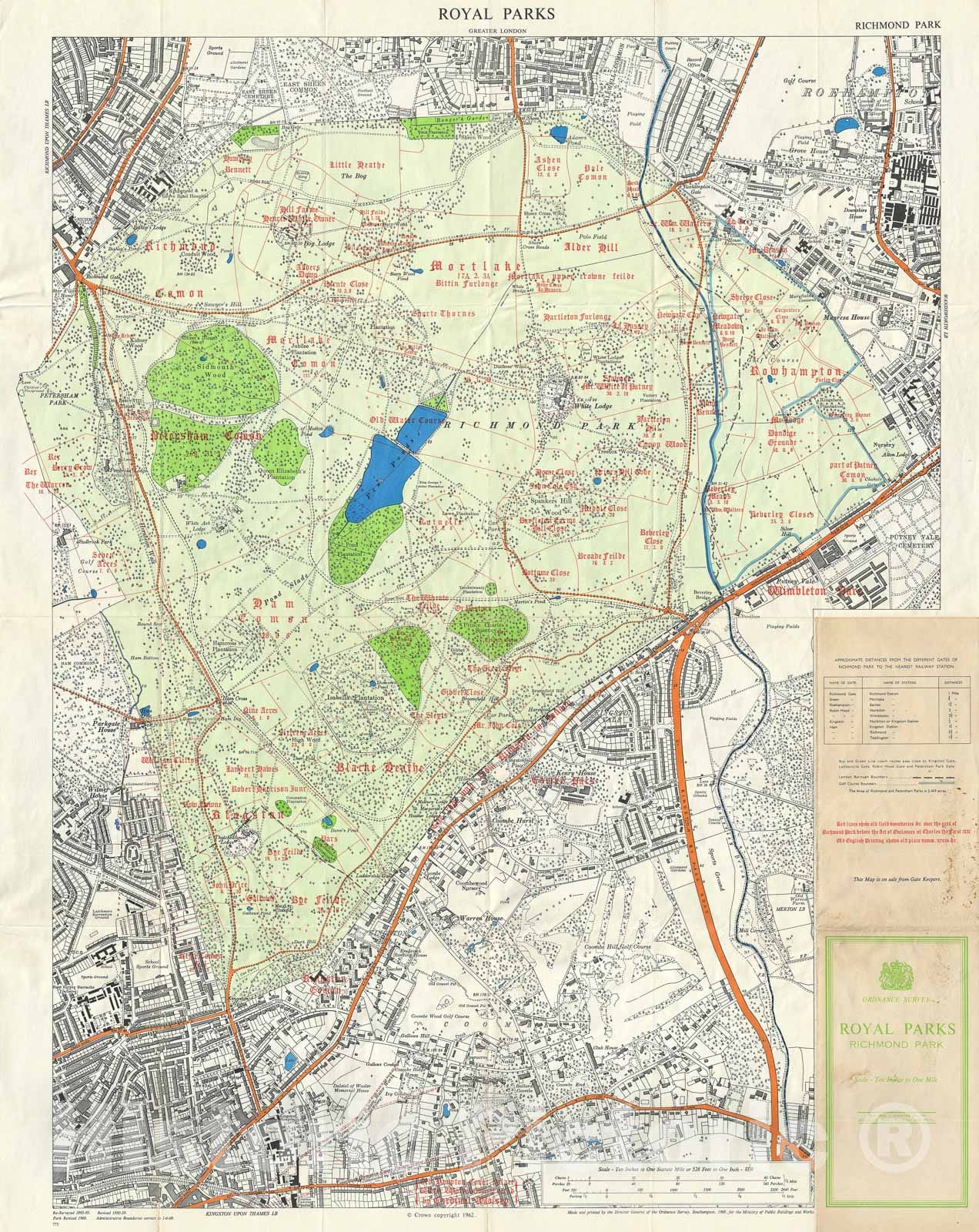 Historic Map : Richmond Park "Royal Parks", London, England, Ordnance Survey, 1968, Vintage Wall Art