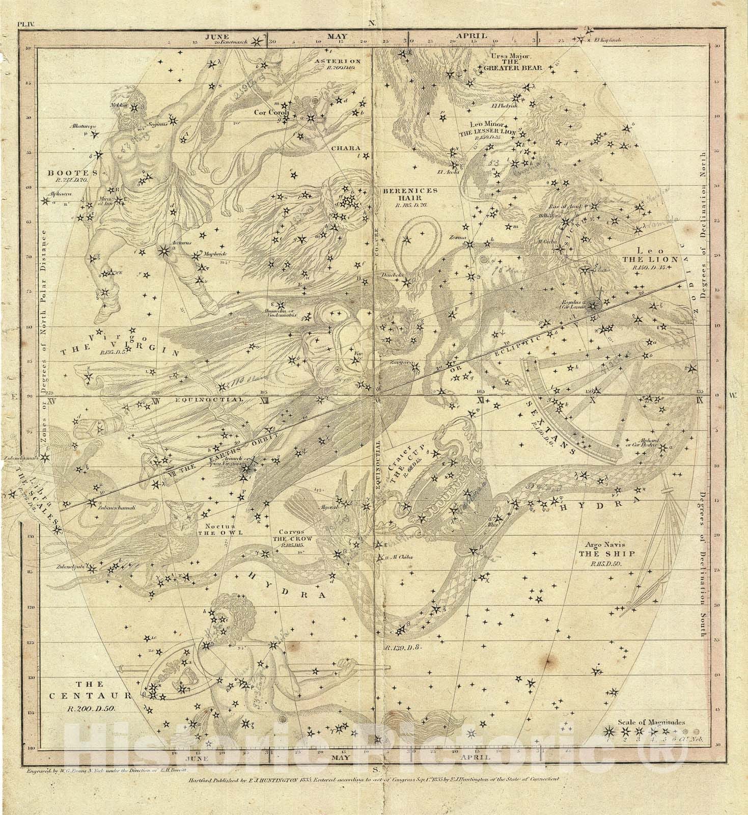 Historic Map : The Constellations or Stars in June, May and April, Burritt - Huntington, 1835, Vintage Wall Art