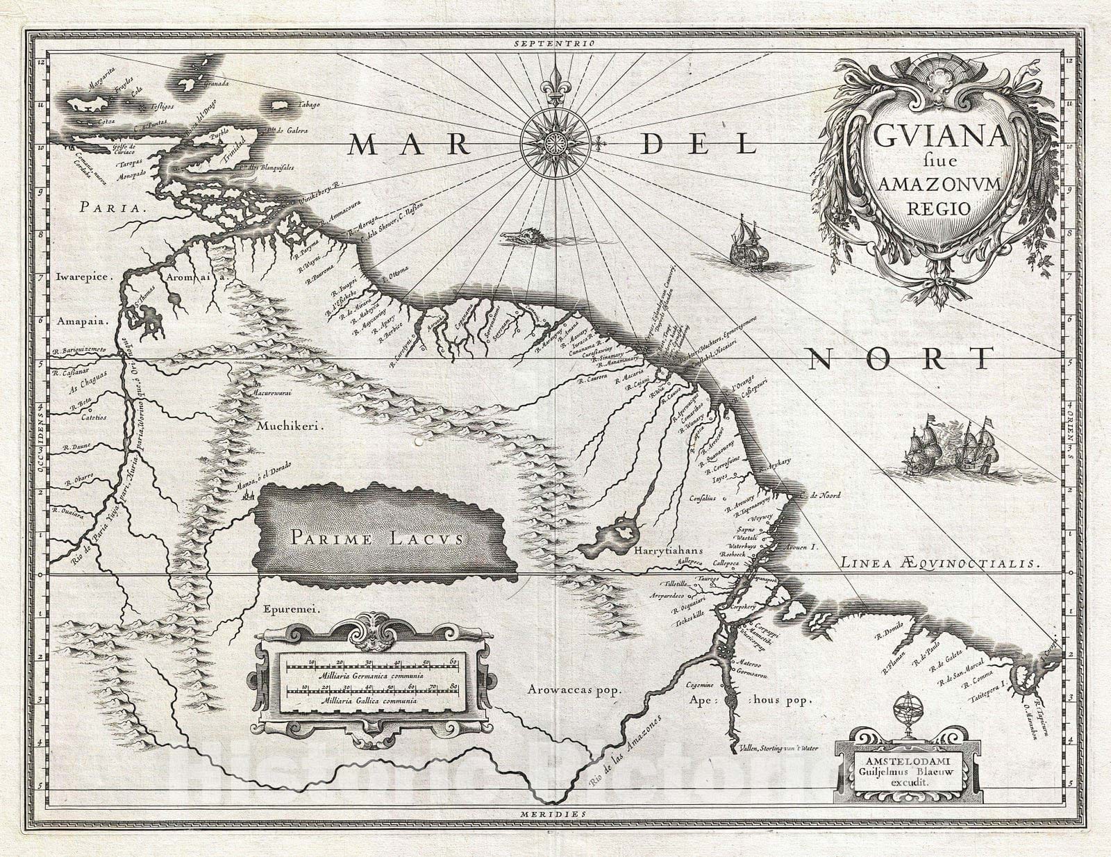 Historic Map : Blaeu Map Guiana, Venezuela, and El Dorado, 1635, Vintage Wall Art