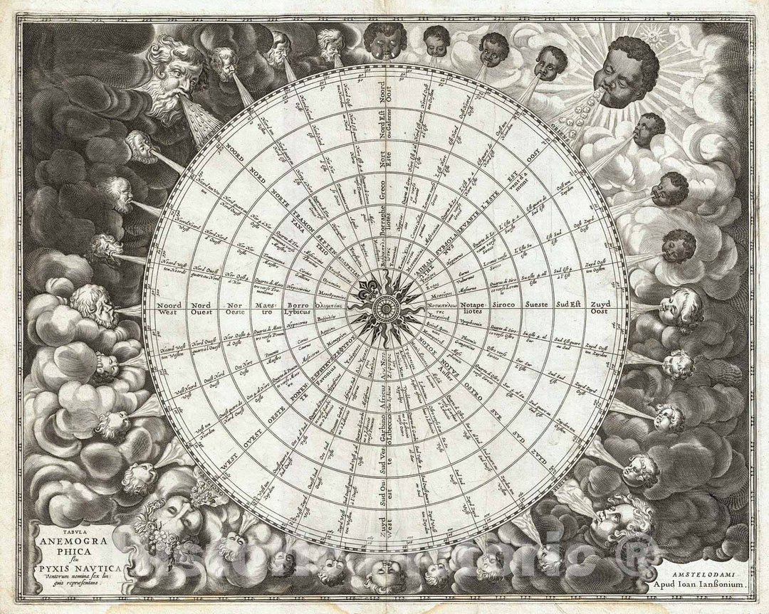 Historic Map : Jansson Wind Rose, Anemographic Chart, or Map of The Winds , 1650, Vintage Wall Art