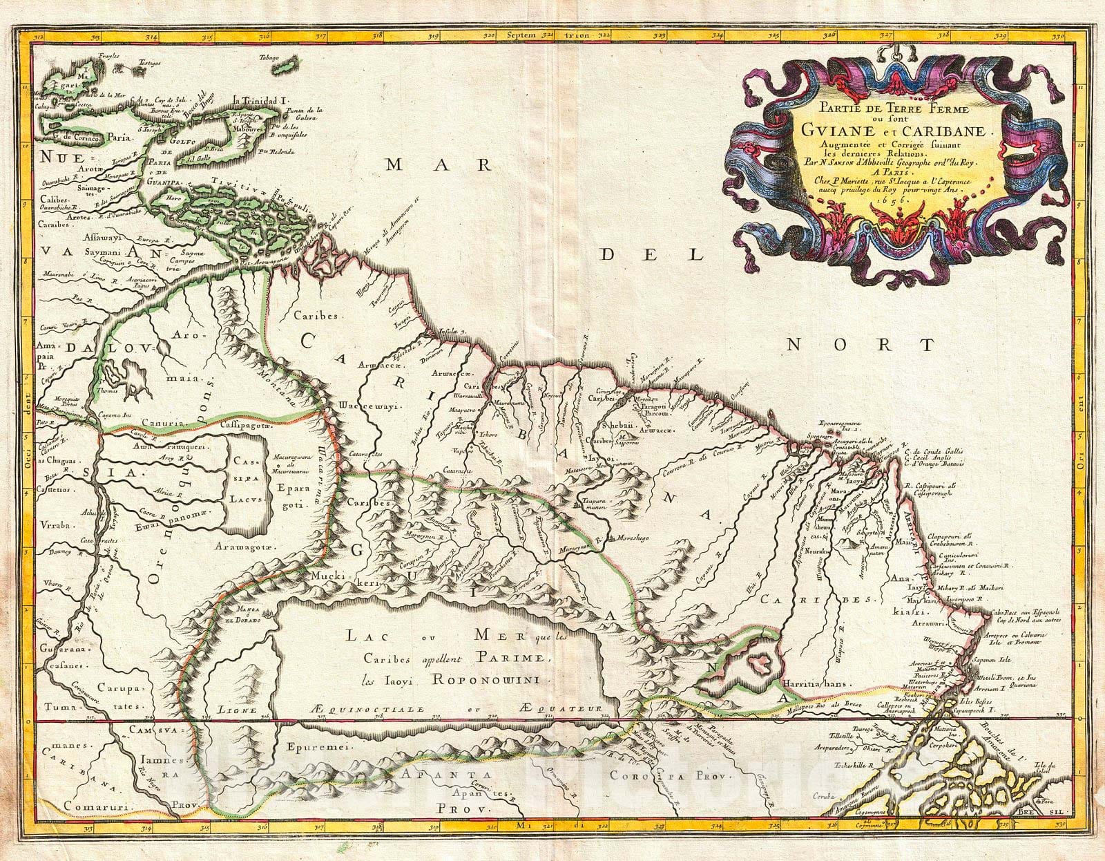 Historic Map : Sanson Map of Guiana, Venezuela, and El Dorado, 1656, Vintage Wall Art