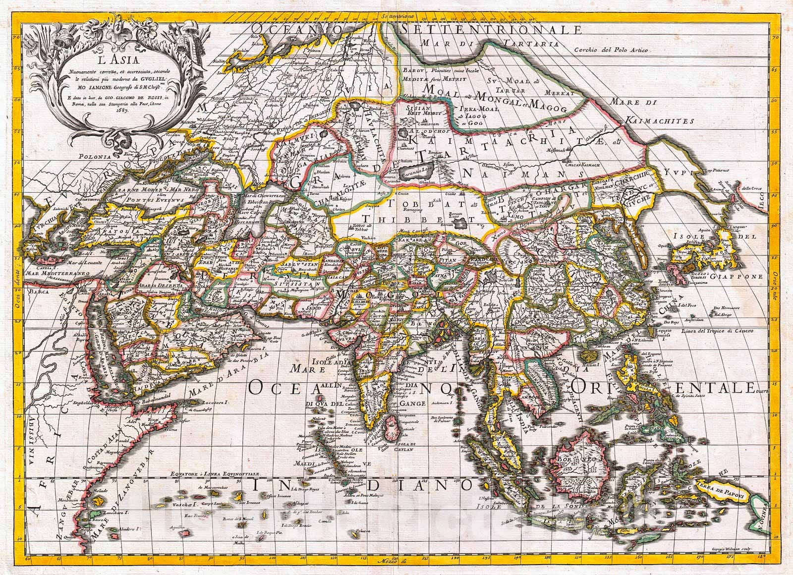 Historic Map : Sanson, Rossi Map of Asia, 1687, Vintage Wall Art