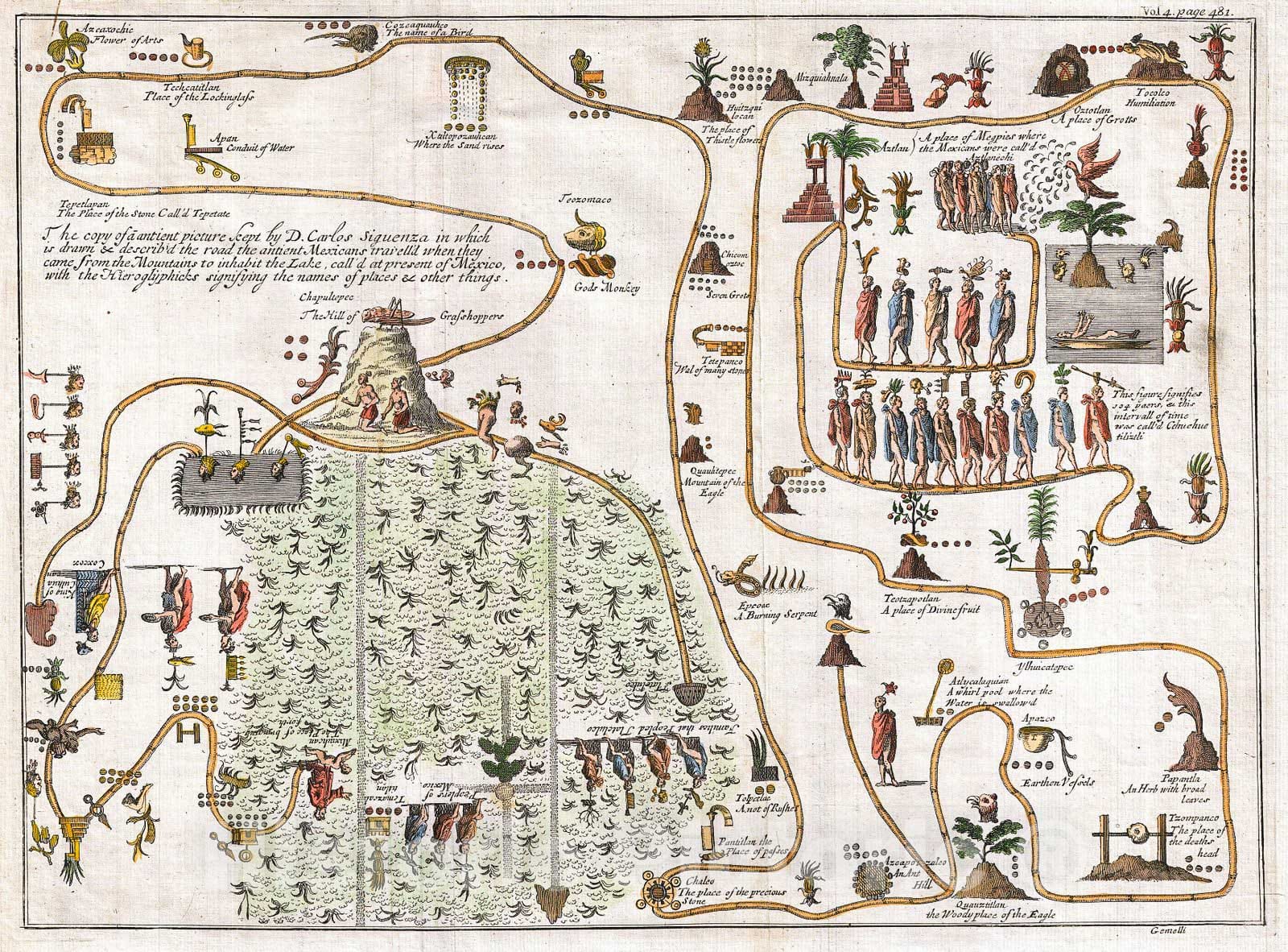 Historic Map : Gemelli Map of The Aztec Migration from Aztlan to Chapultapec, 1704, Vintage Wall Art