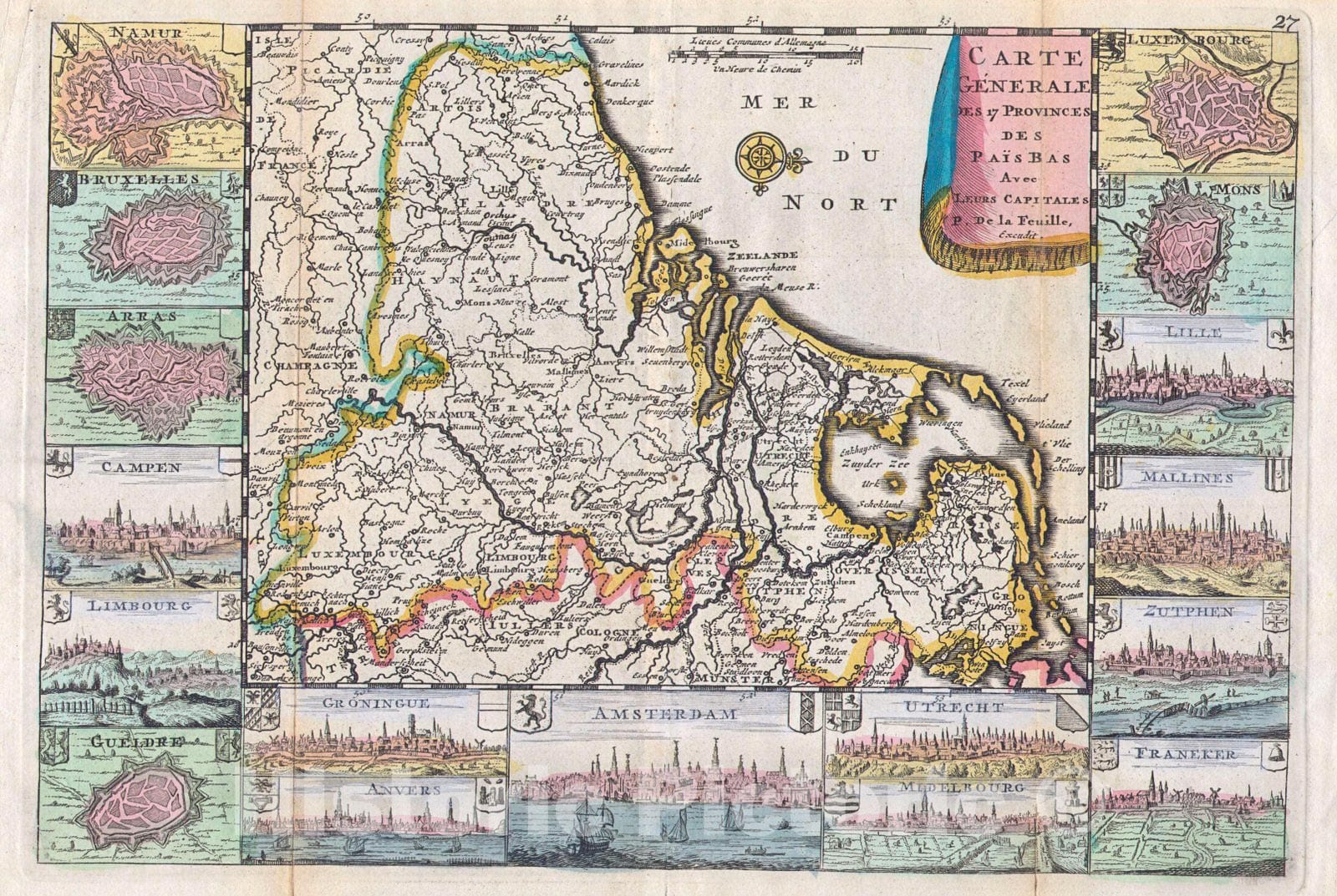 Historic Map : De La Feuille Map of The Netherlands, Belgium and Luxembourg, 1710, Vintage Wall Art