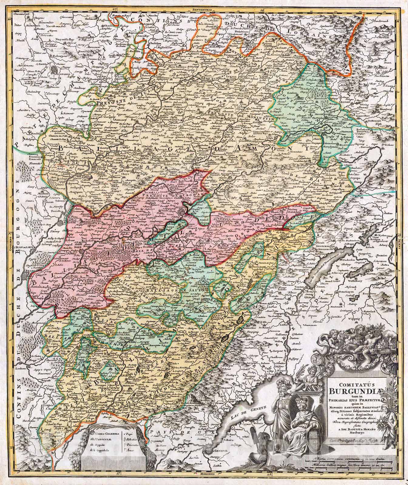 Historic Map : Homann Map of Burgundy, France , 1716, Vintage Wall Art