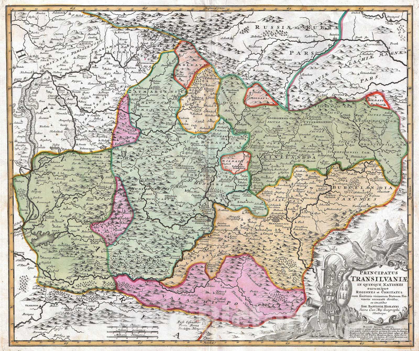 Historic Map : Homann Map of Transylvania (Romania) , 1720, Vintage Wall Art