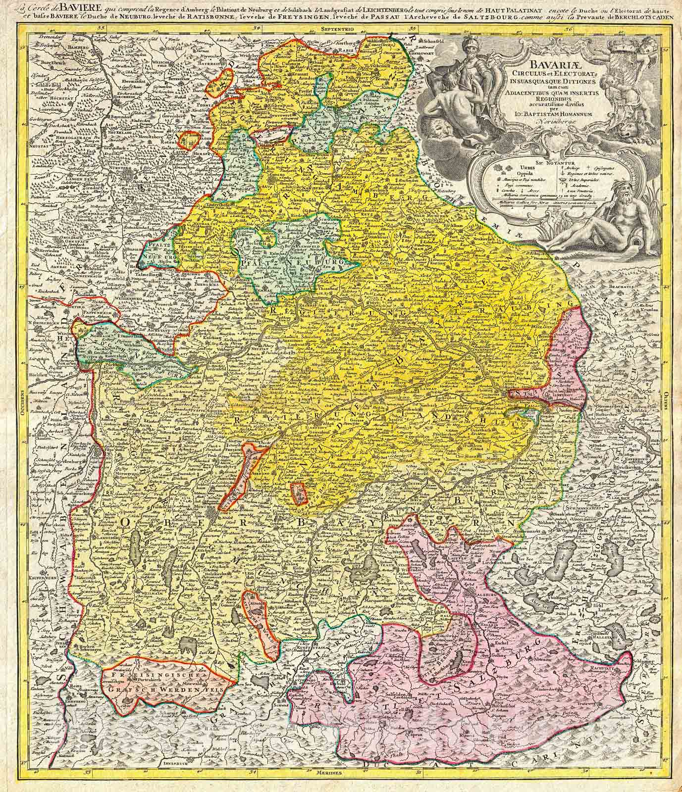 Historic Map : Homann Map of Bavaria, Germany , 1728, Vintage Wall Art