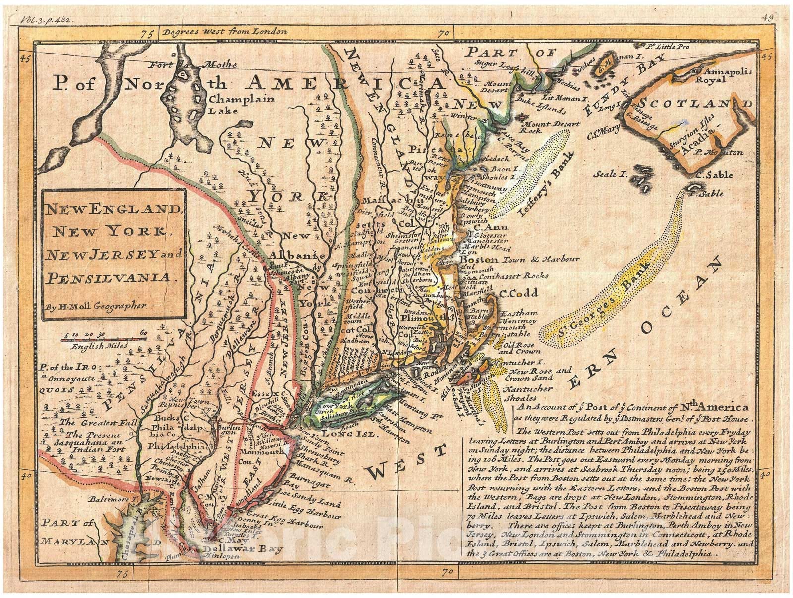 Historic Map : Moll Map of New York, New England, and Pennsylvania (First Postal Map of New England), 1729, Vintage Wall Art
