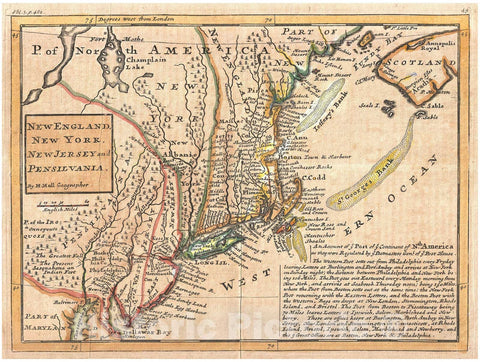 Historic Map : Moll Map of New York, New England, and Pennsylvania (First Postal Map of New England), 1729, Vintage Wall Art