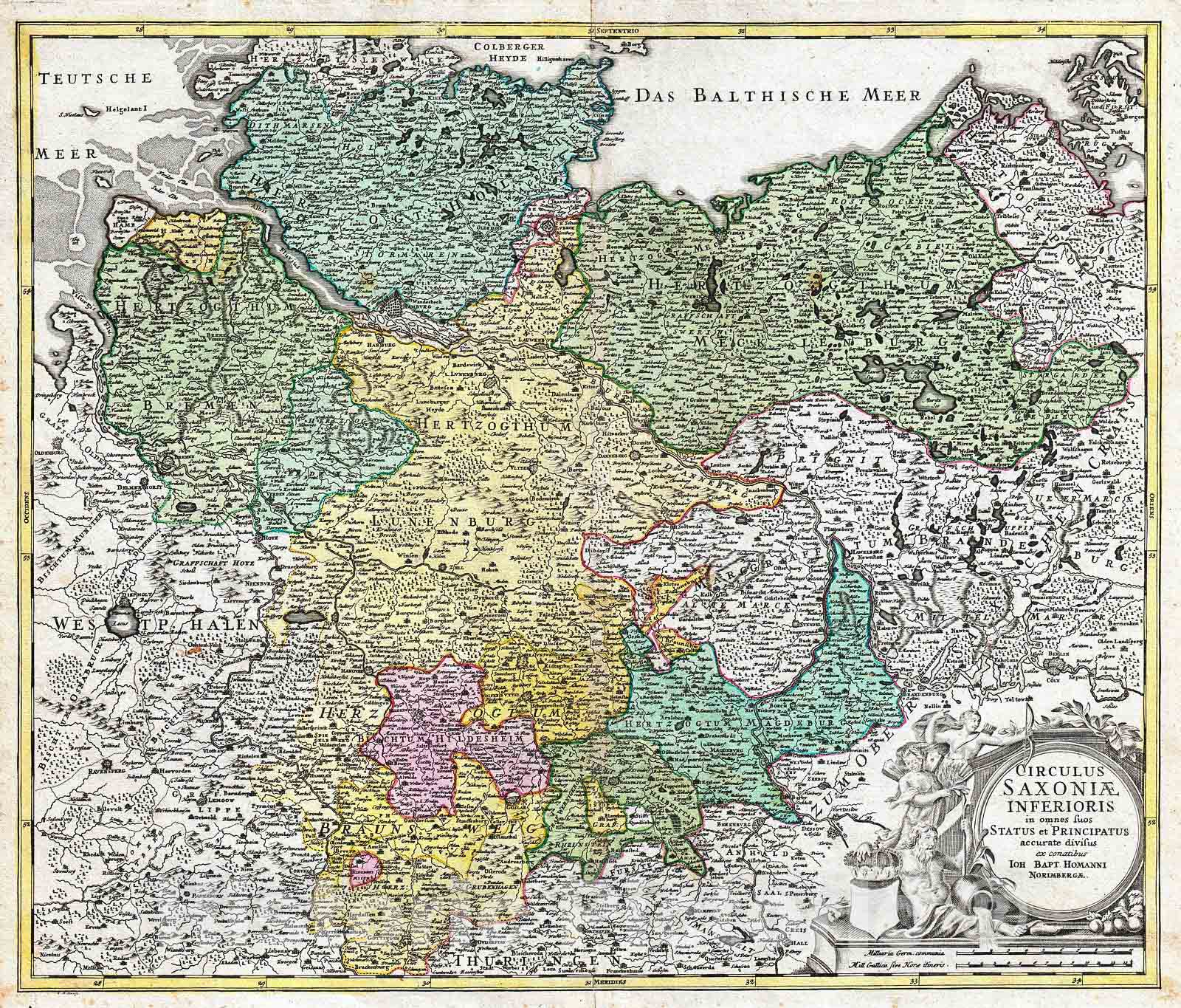 Historic Map : Homann Map of Lower Saxond (Berlin Lubeck, Hamburg, Bremen) , 1730, Vintage Wall Art