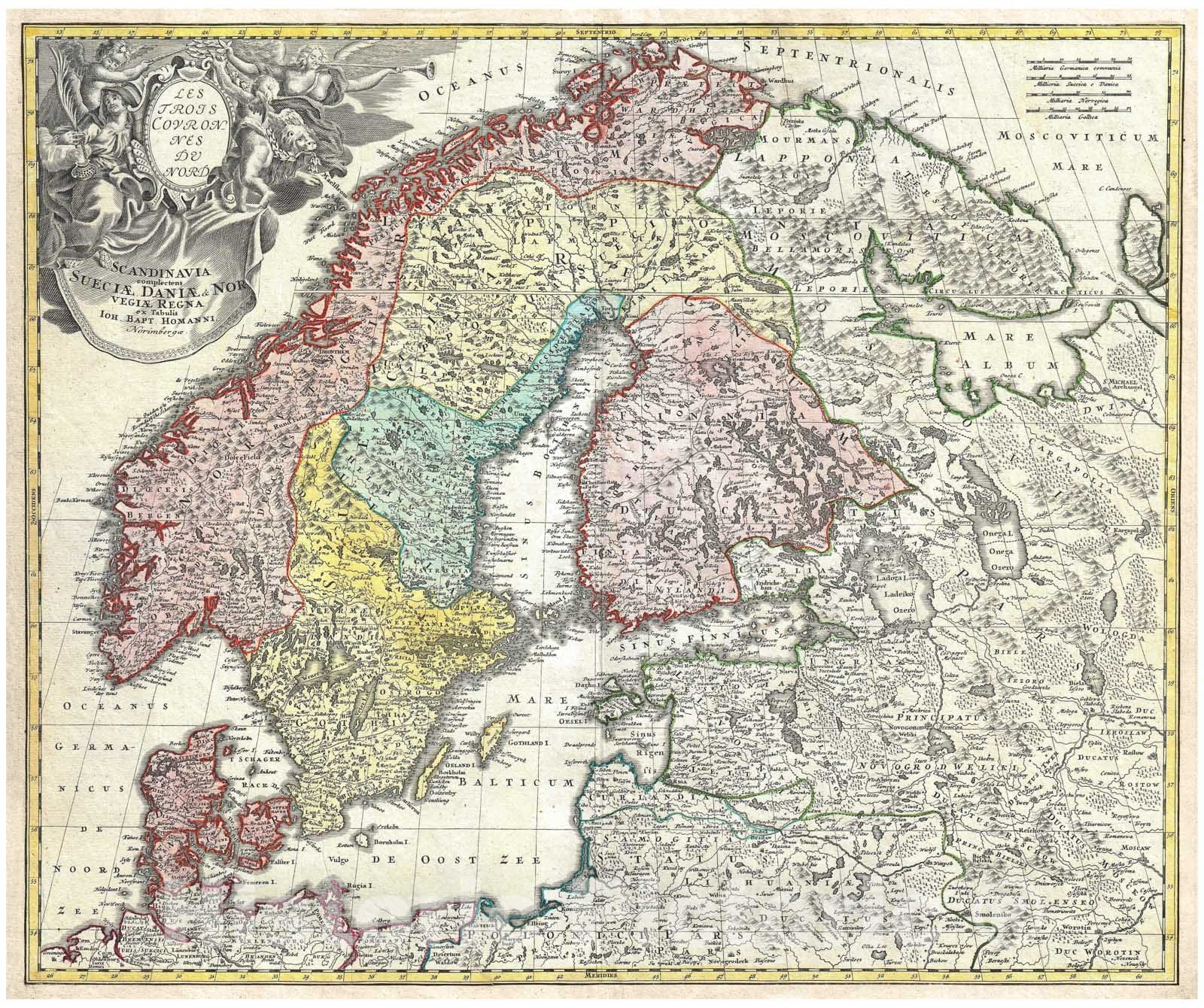 Historic Map : Homann Map of Scandinavia, Norway, Sweden, Denmark, Finland and The Baltics, 1730, Vintage Wall Art