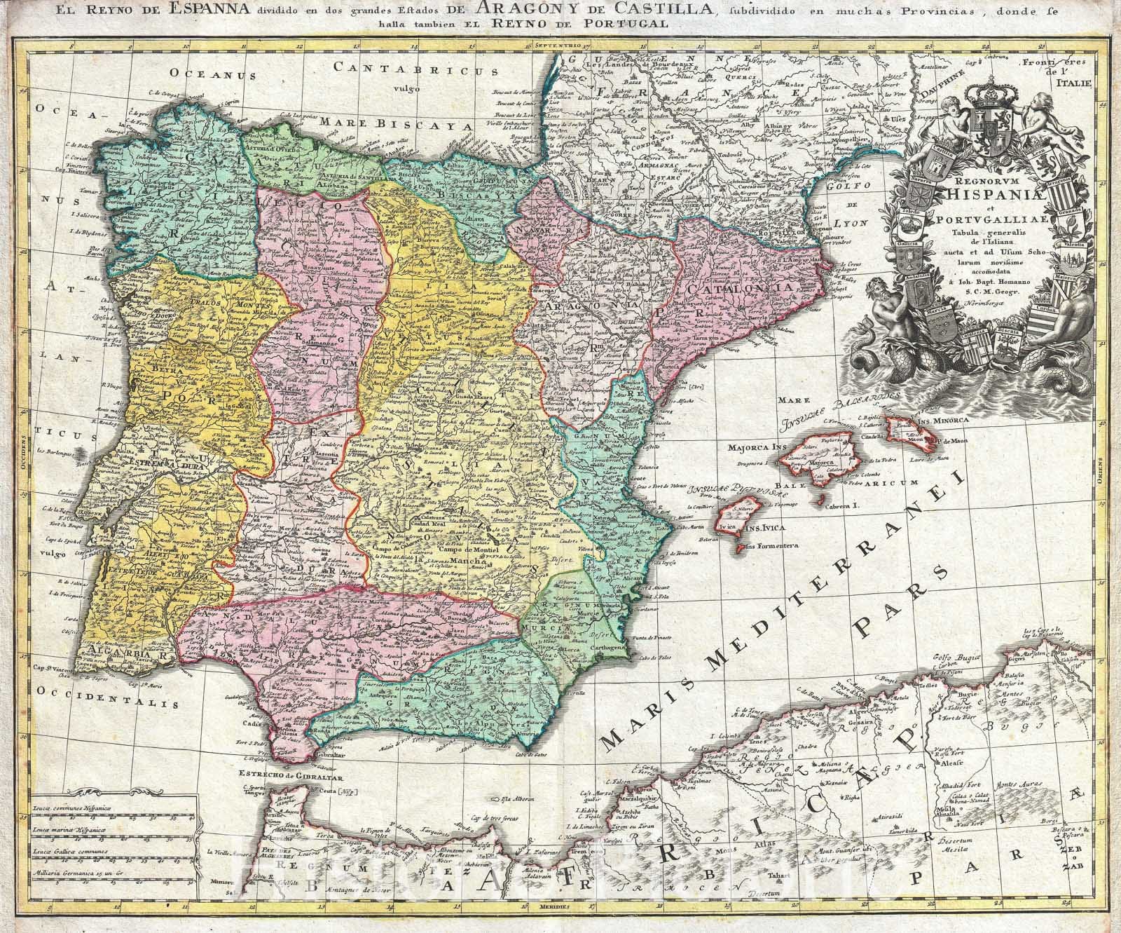 Historic Map : Homann Map of Spain and Portugal , 1730, Vintage Wall Art