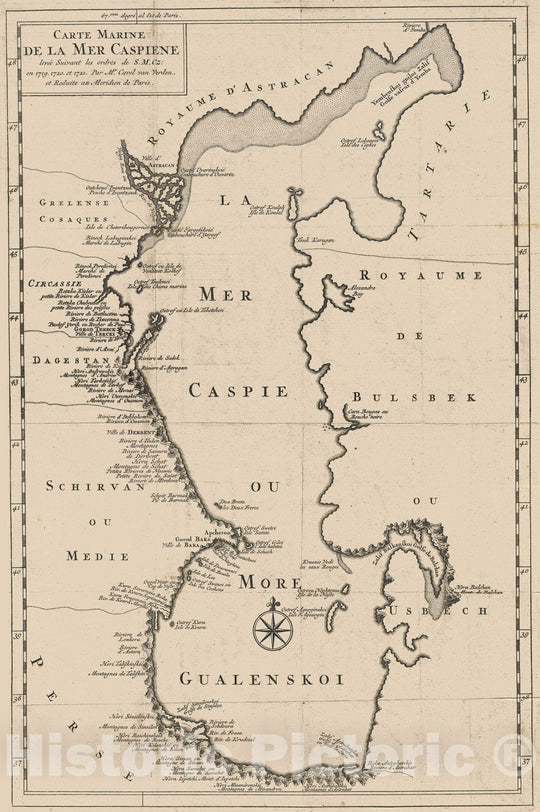 Historic Map : Van Verden Map of The Caspian Sea, 1730, Vintage Wall Art