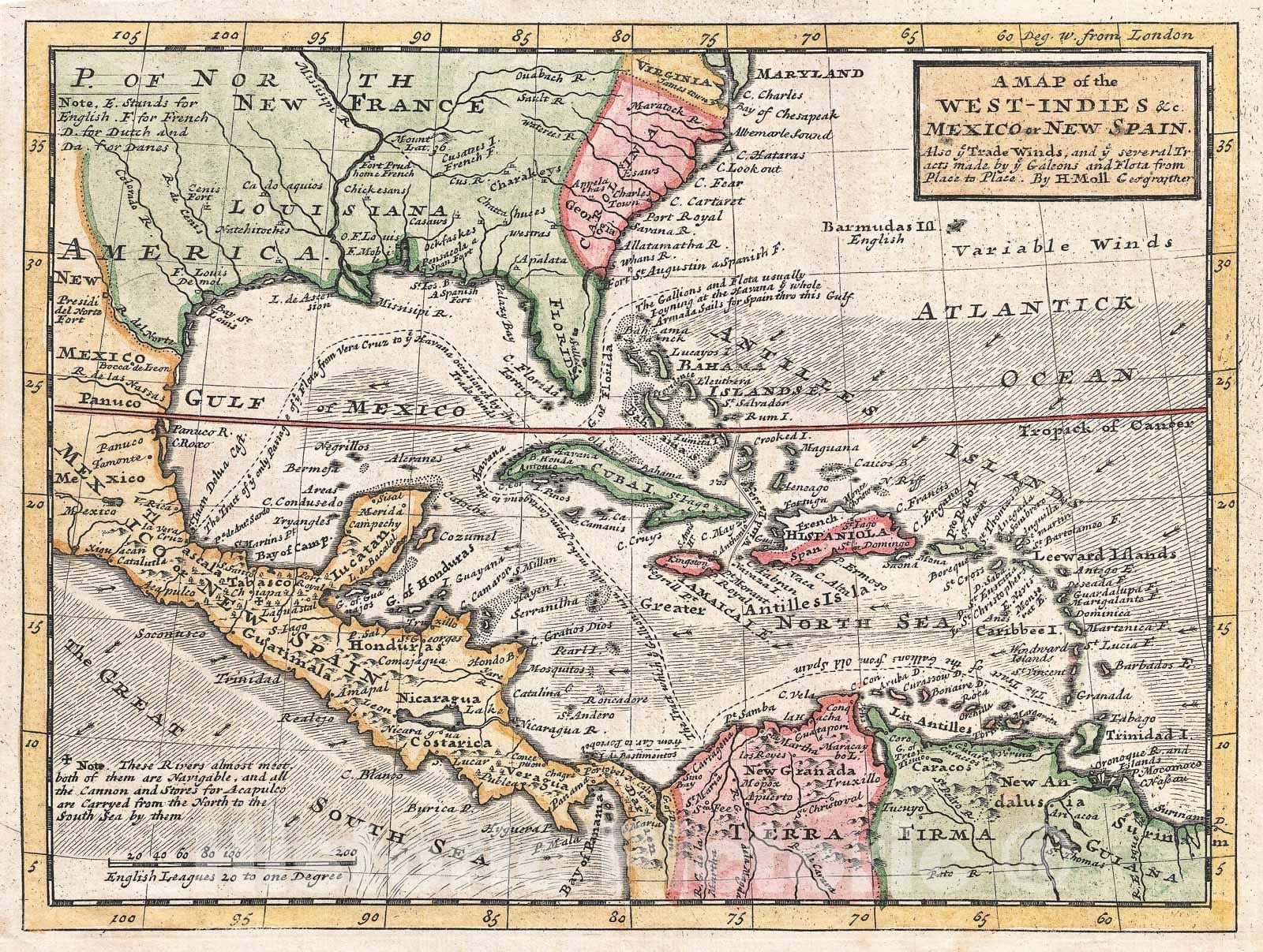 Historic Map : Herman Moll Map of The West Indies and Caribbean, 1732, Vintage Wall Art