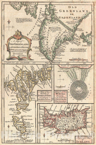 Historic Map : Bowen Map of The North Atlantic Islands, Greenland, Iceland, Faroe Islands (Maelstrom), 1747, Vintage Wall Art