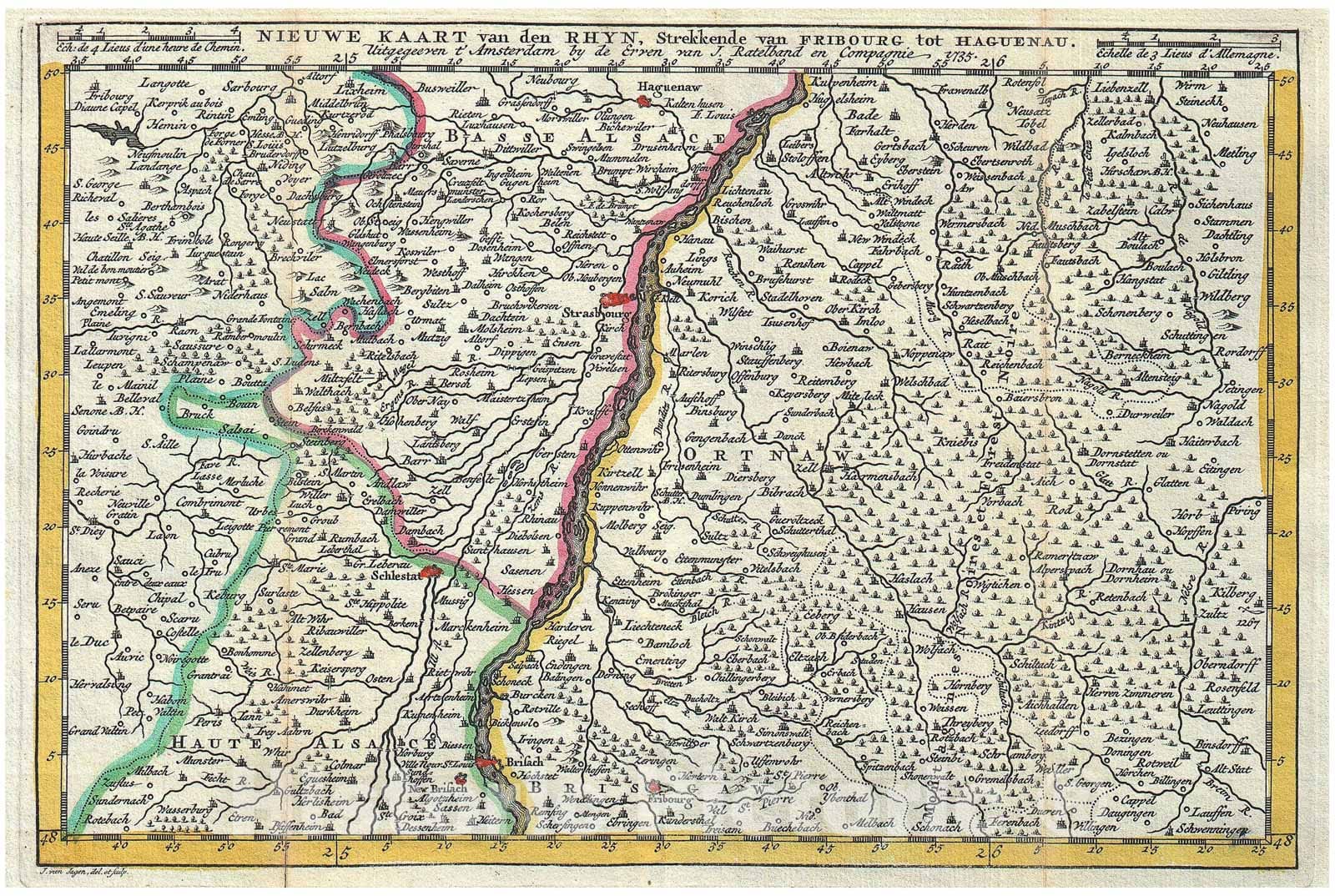 Historic Map : La Feuille Map of Alsace, France, 1747, Vintage Wall Art