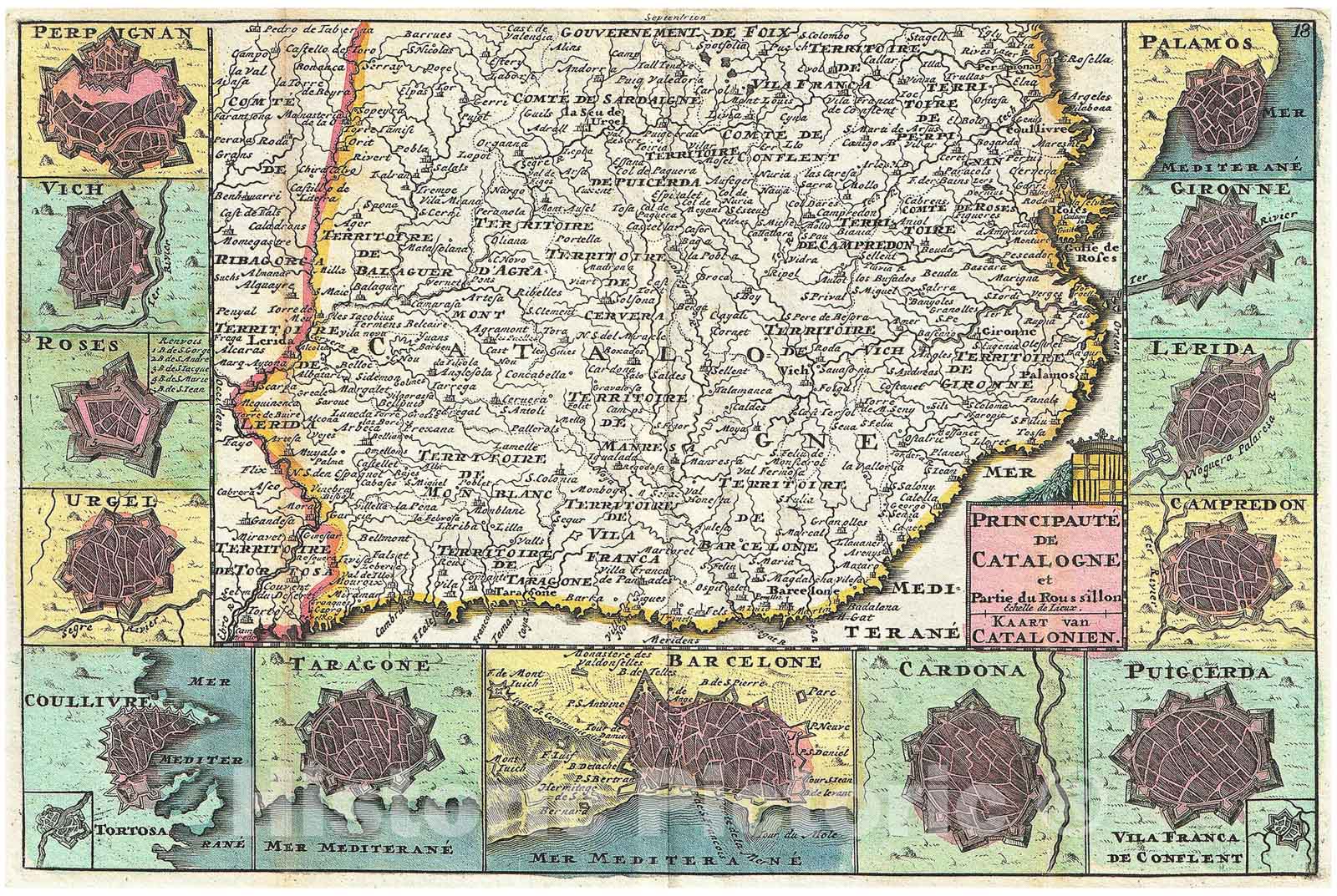 Historic Map : La Feuille Map of Catalonia, Spain (Barcelona), 1747, Vintage Wall Art