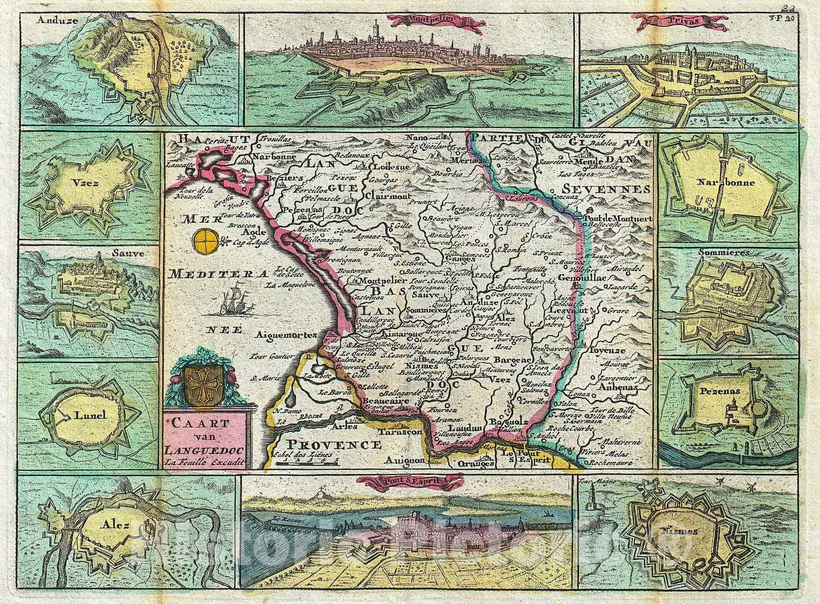 Historic Map : La Feuille Map of Languedoc, France, 1747, Vintage Wall Art