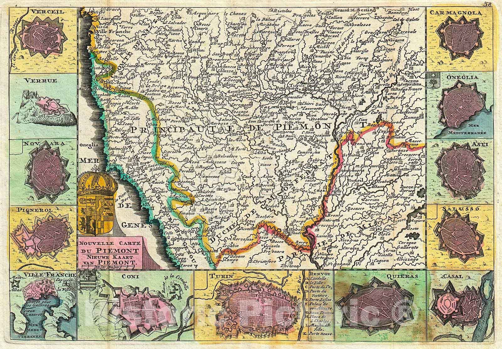 Historic Map : La Feuille Map of Piedmont, Italy, 1747, Vintage Wall Art