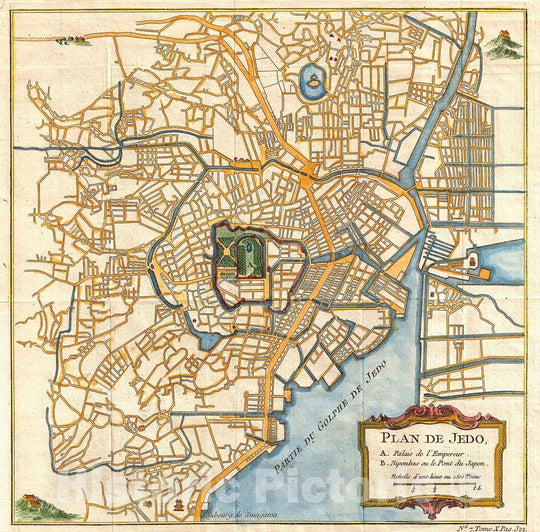 Historic Map : Schely Plan or Map of Edo or Tokyo, Japan , 1752, Vintage Wall Art